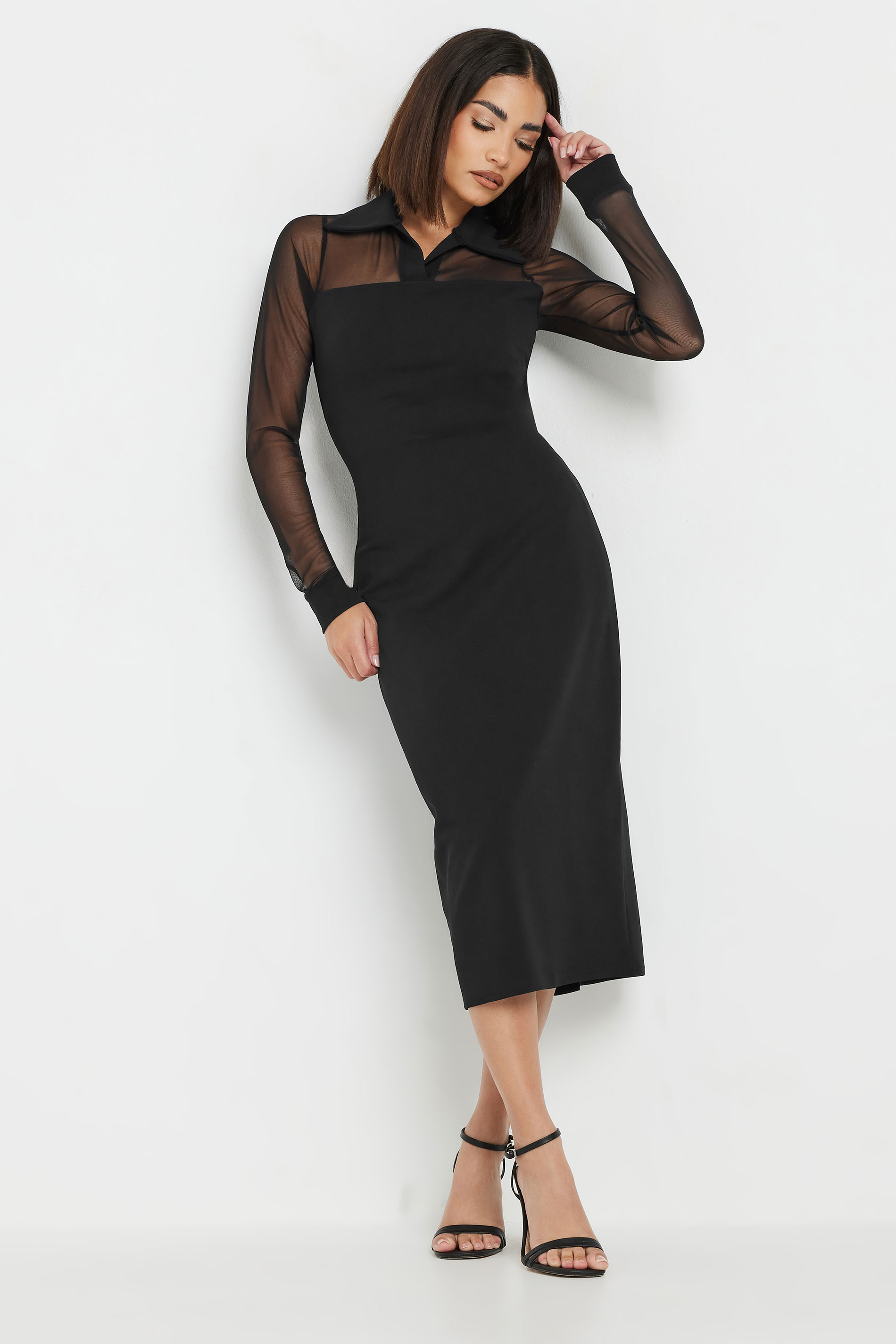PixieGirl Petite Women's Black Mesh Collared Midi Dress | PixieGirl 1