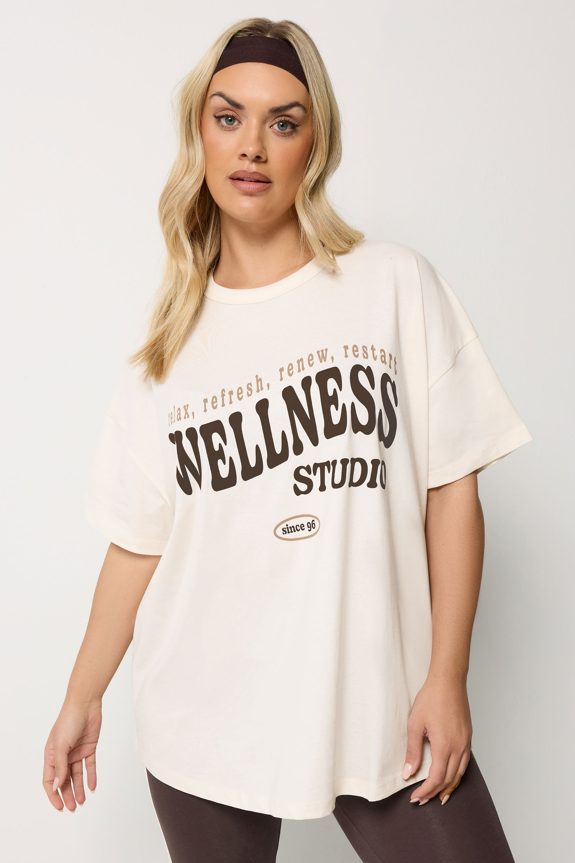 YOURS ACTIVE Plus Size Cream 'Wellness Studio' T-Shirt | Yours Clothing 1