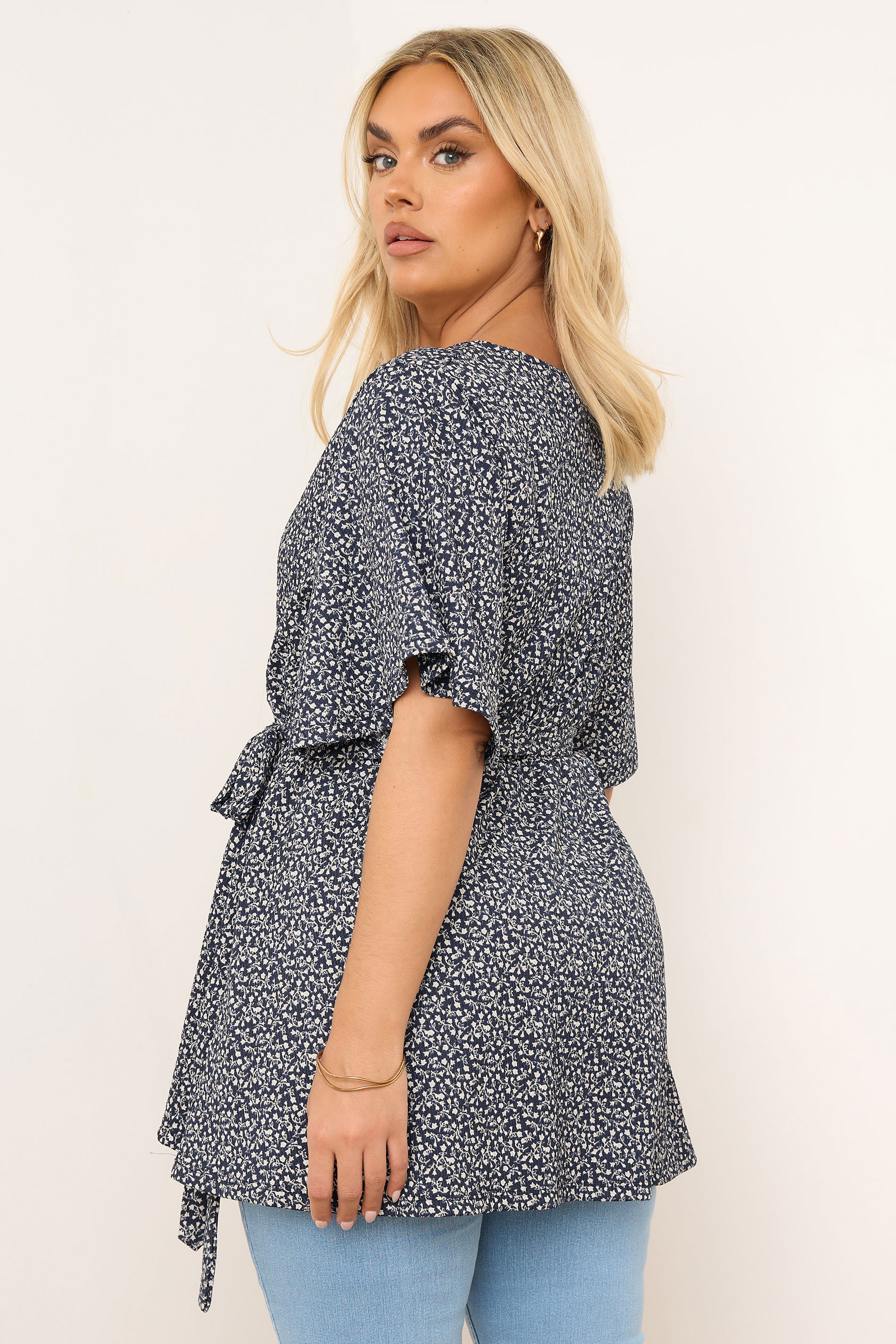 YOURS Plus Size Navy Blue Floral Print Textured Wrap Top | Yours Clothing 2