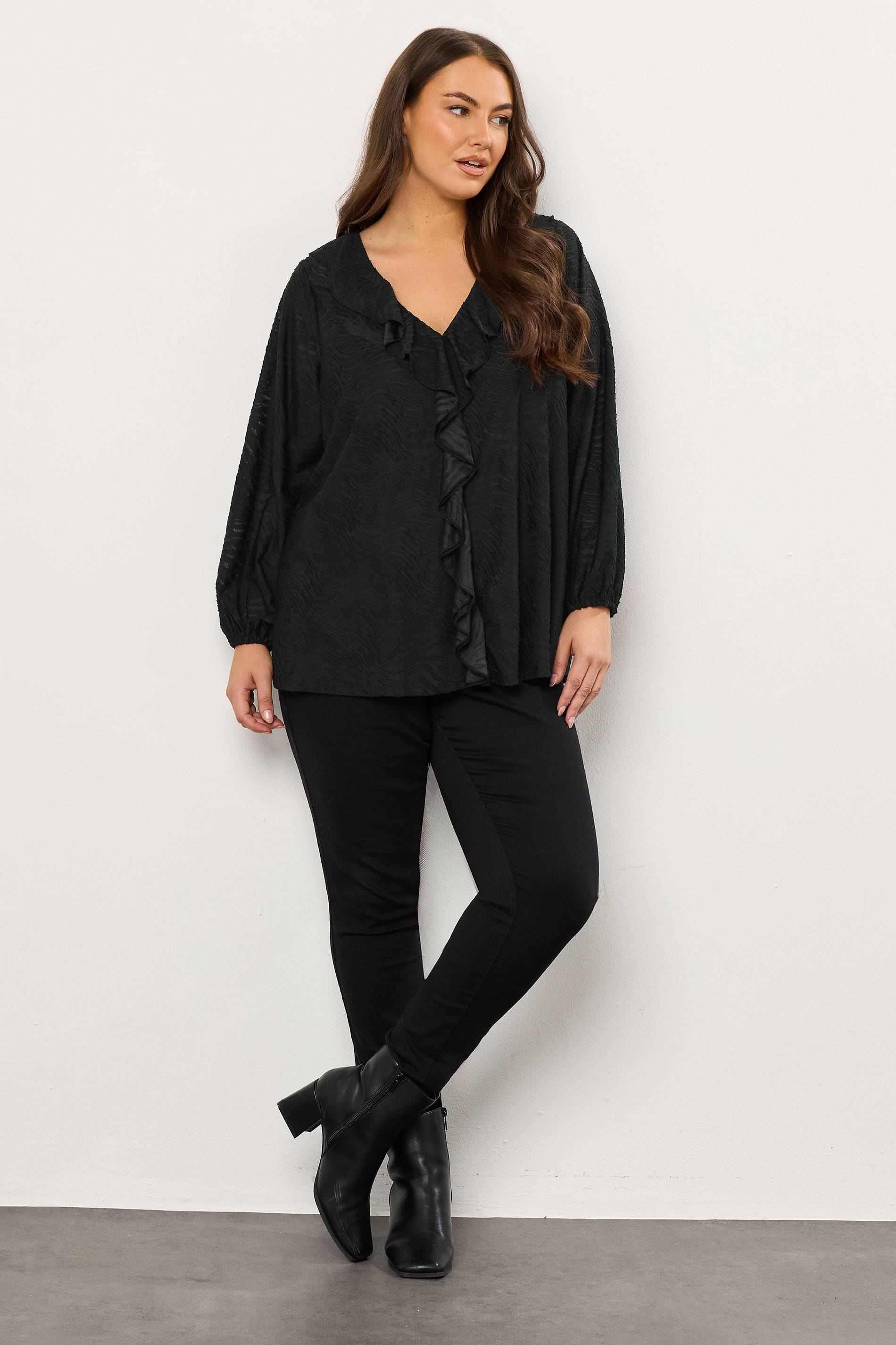 EVANS Plus Size Black Zebra Burnout Frill Detail Blouse | Evans 1