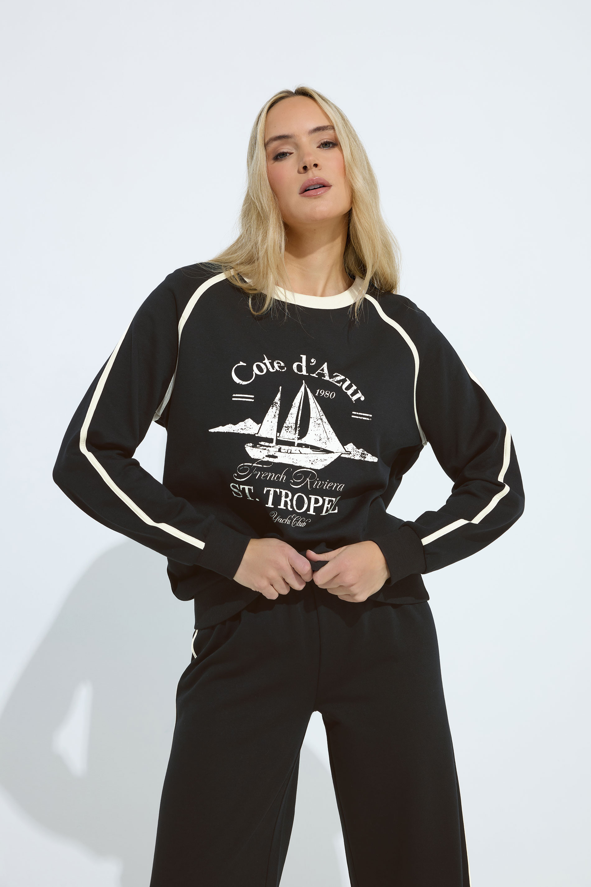 LTS Tall Black 'Cote d'Azur' Slogan Pipe Detail Sweatshirt | Long Tall Sally  3