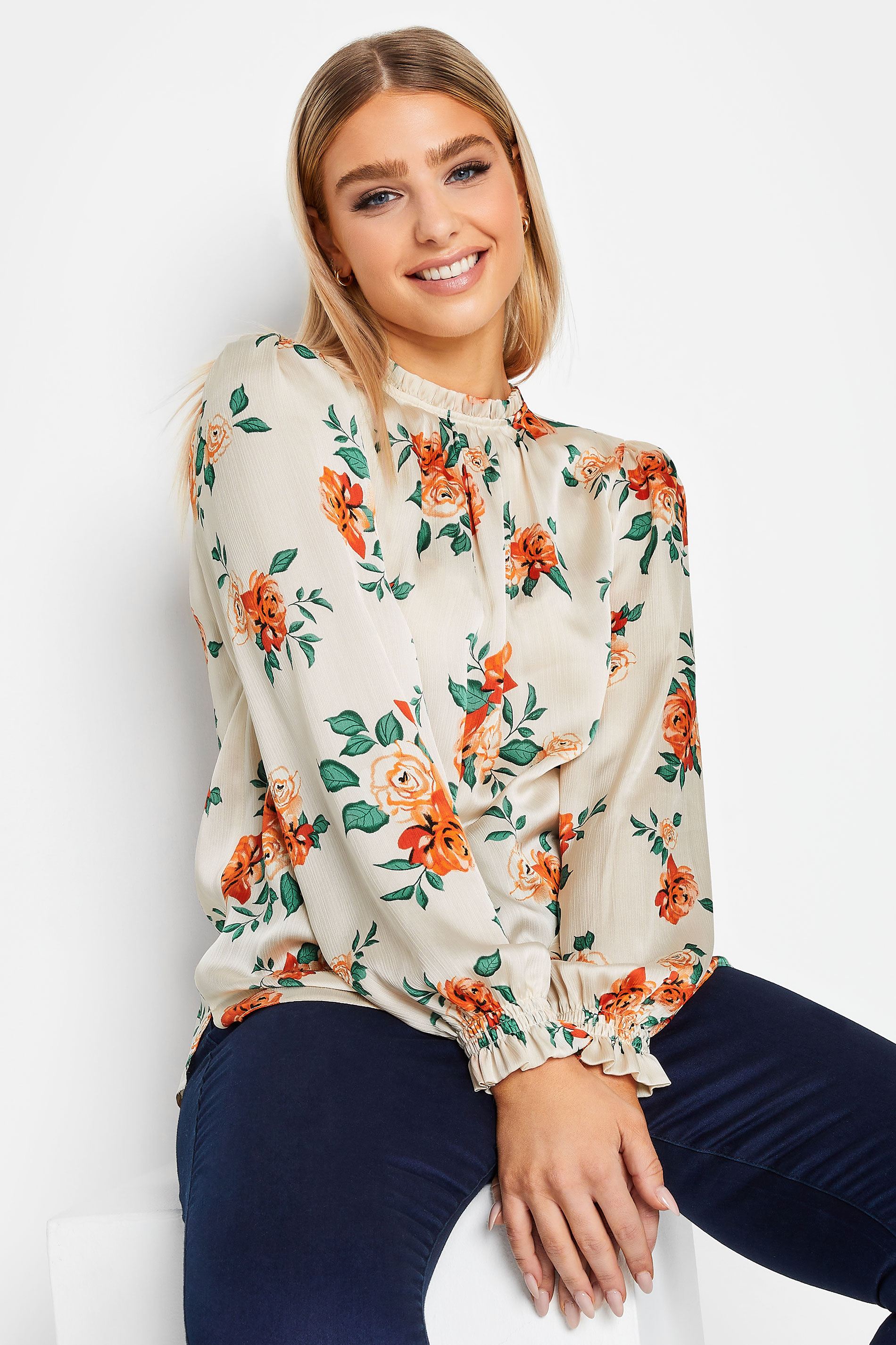 M&Co Ivory White Floral Print Frill Neck Blouse | M&Co 1