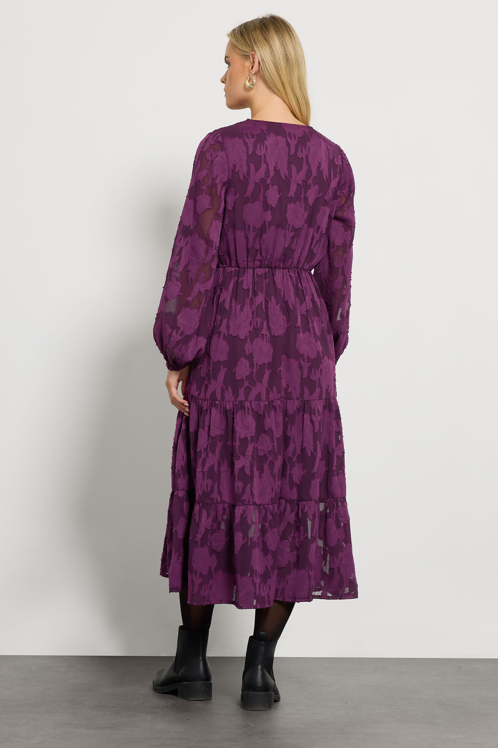 M&Co Petite Berry Purple Floral Jacquard Boho Dress | M&Co 4