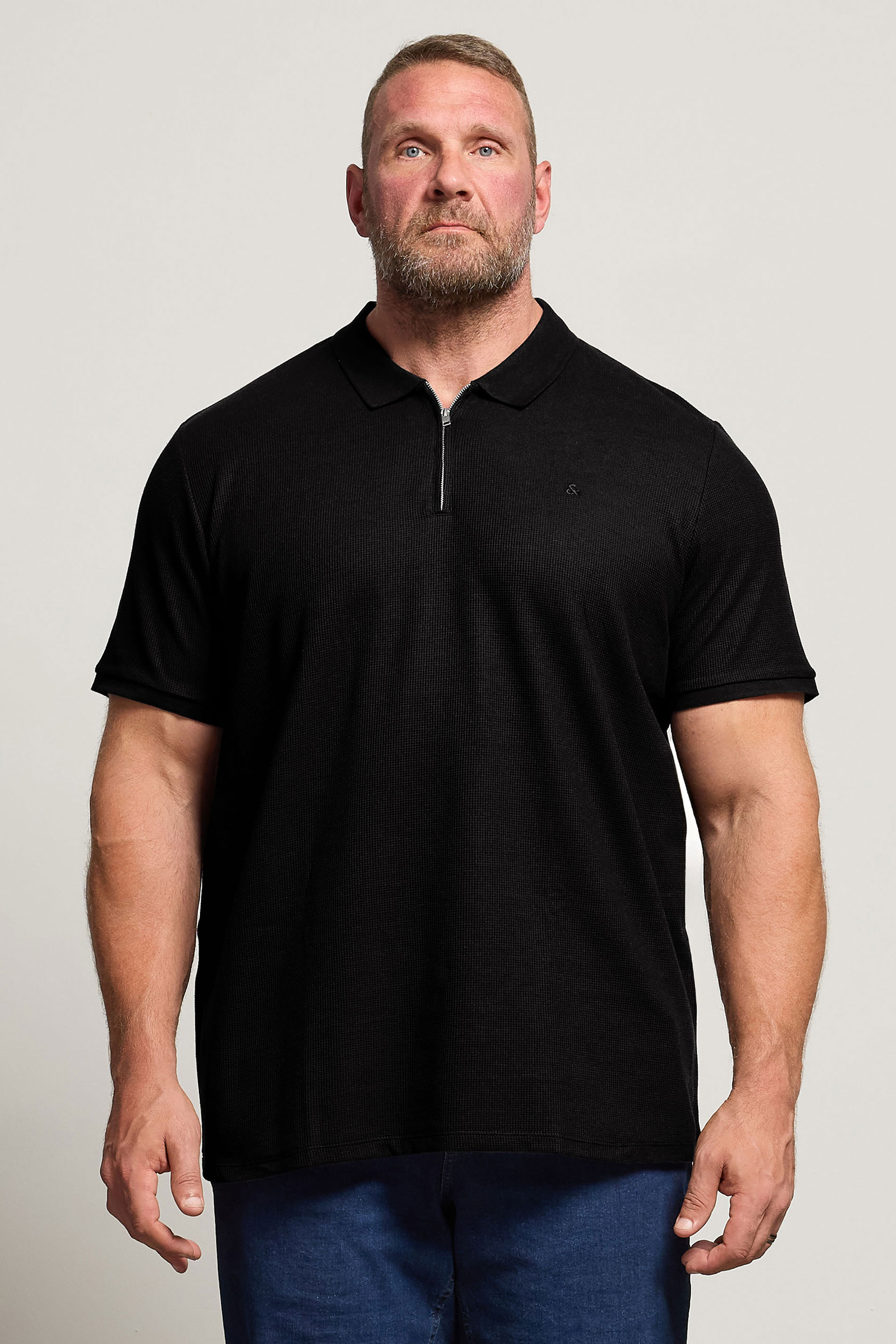 JACK & JONES Big & Tall Black Zip Neck Polo Shirt | BadRhino 3