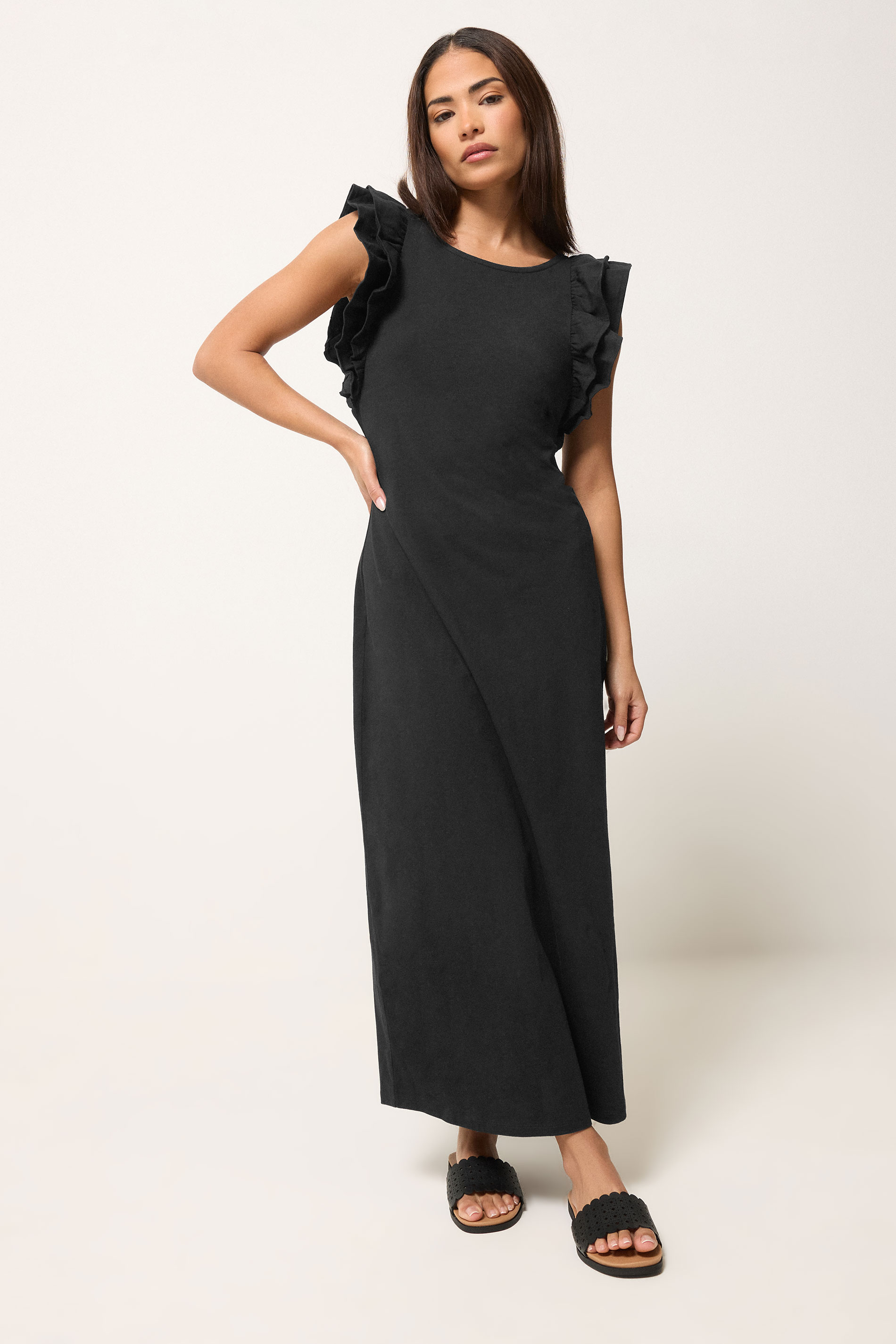 PixieGirl Petite Women's Black Frill Sleeve Cotton Maxi Dress | PixieGirl 3