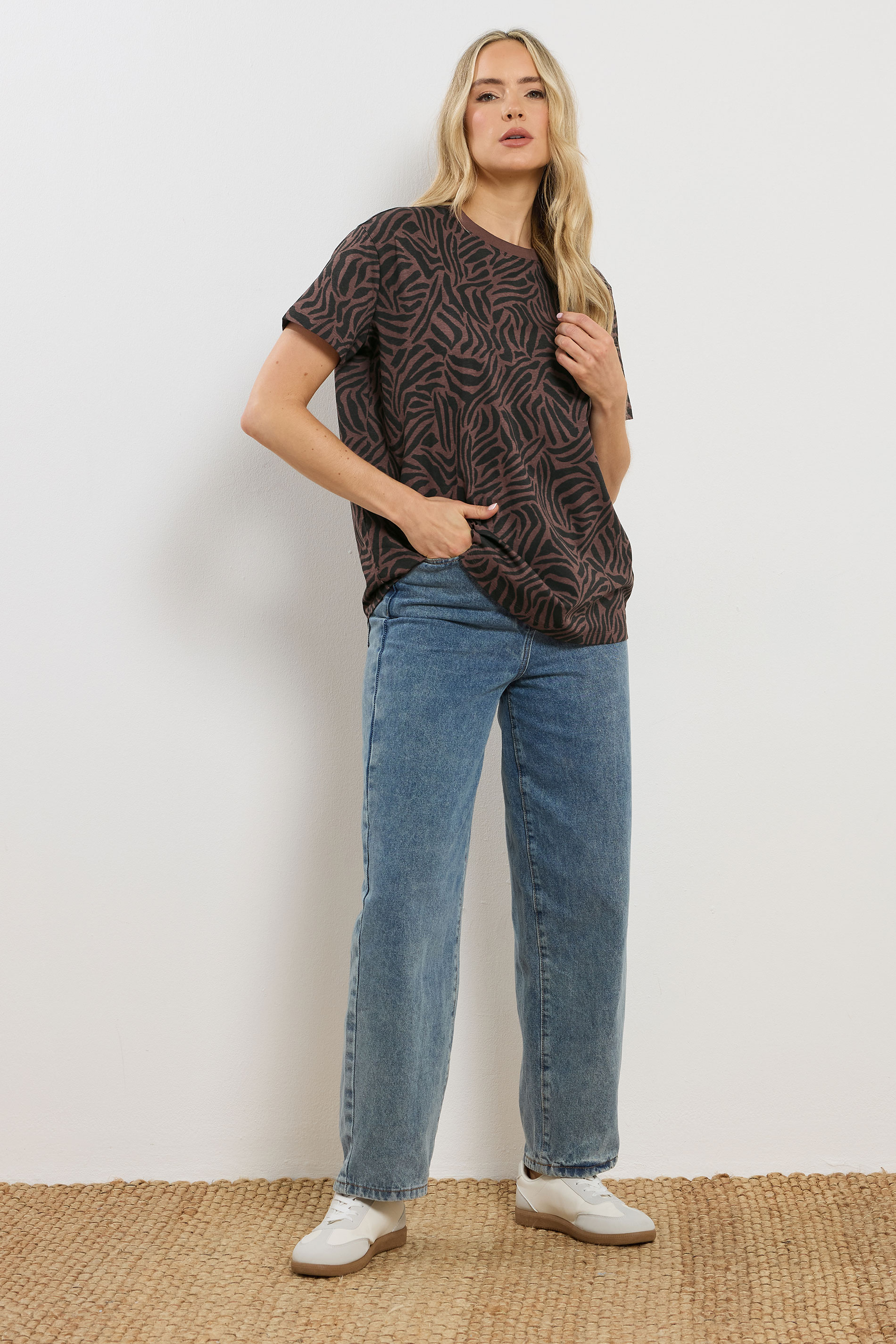 LTS Tall Women's Chocolate Brown Zebra Print Cotton Oversized T-Shirt | Long Tall Sally 1