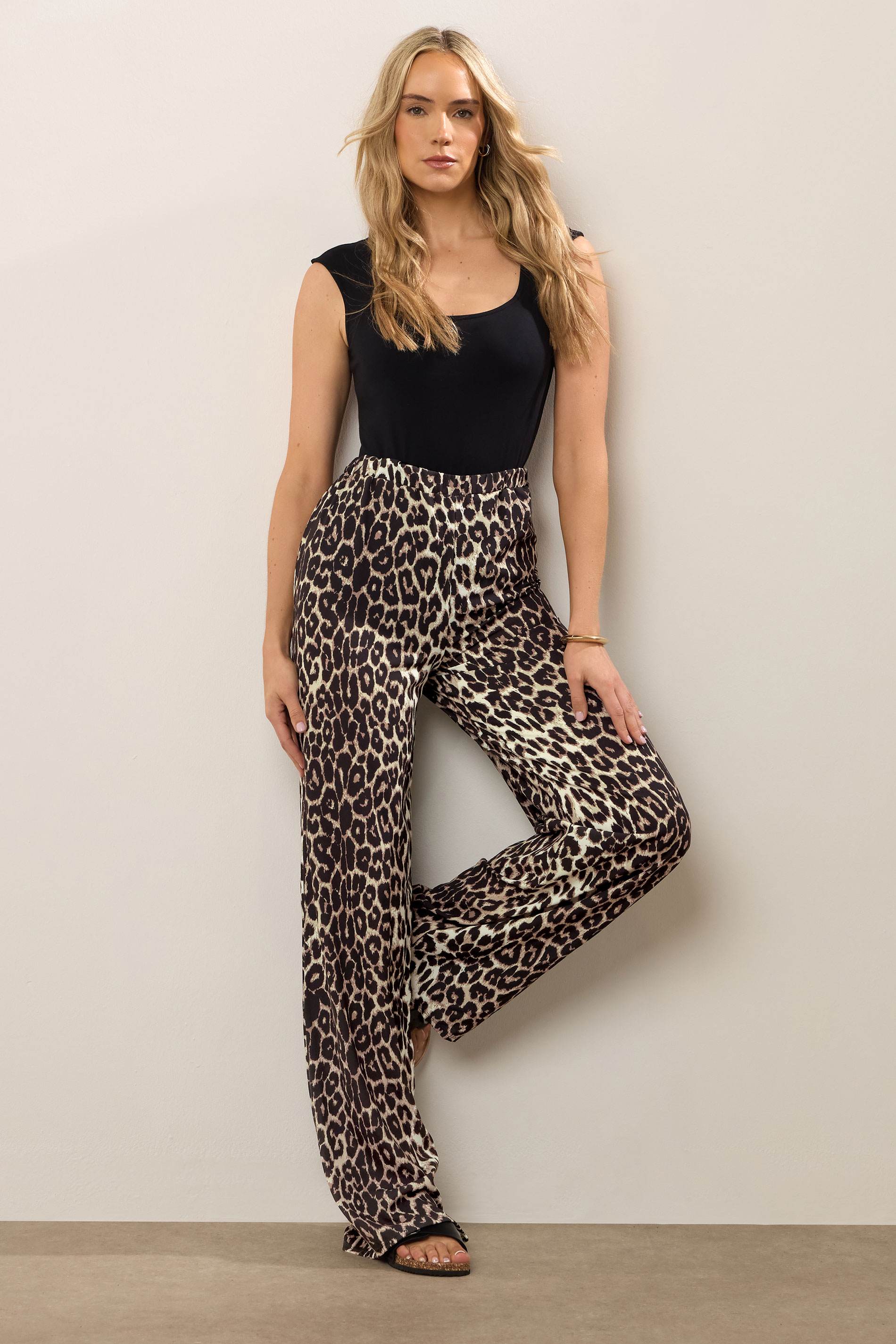 LTS Tall Beige Brown Leopard Print Wide Leg Trousers | Long Tall Sally 3