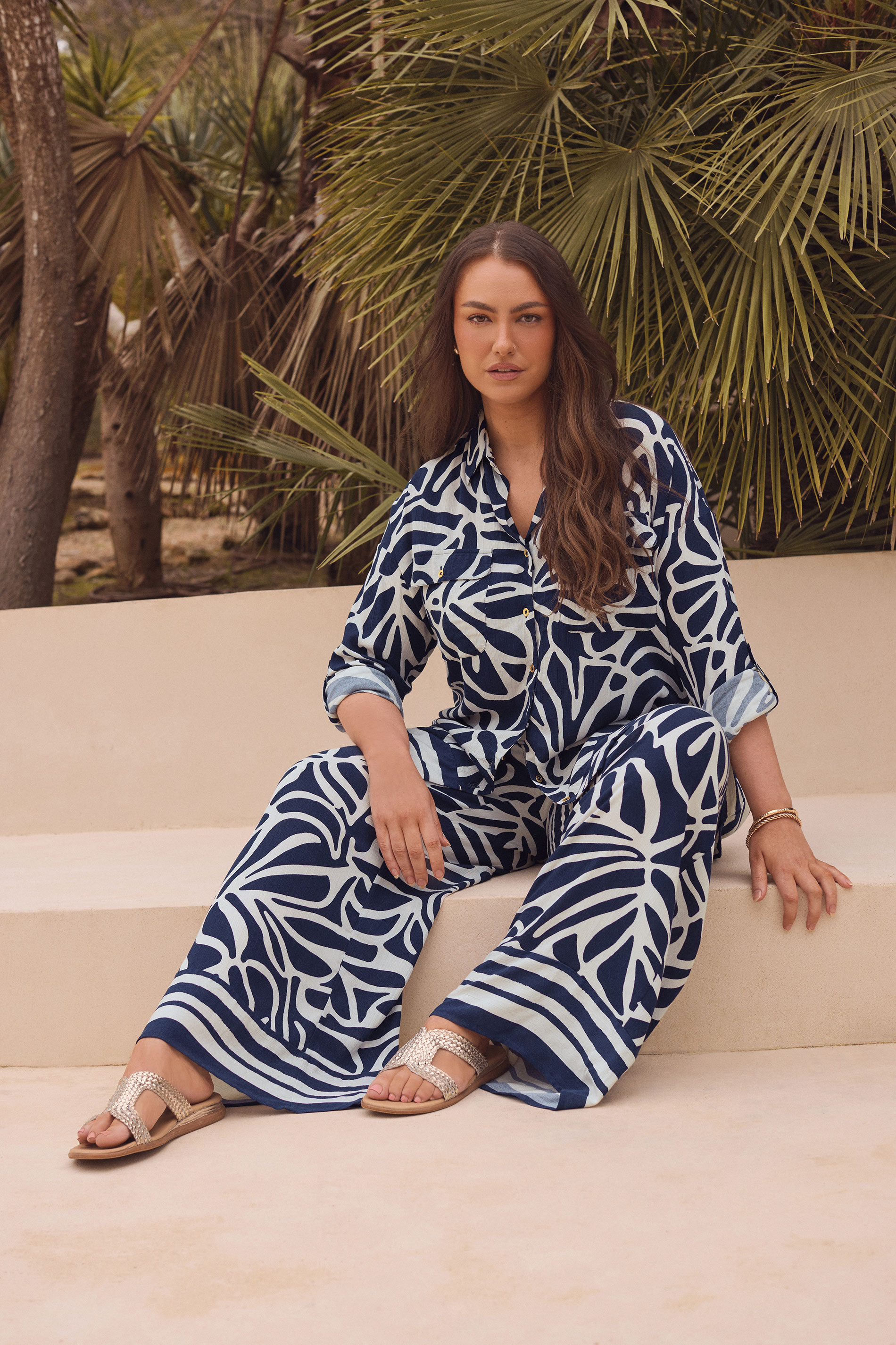 EVANS Plus Size Navy Blue Palm Border Print Trousers | Evans 3