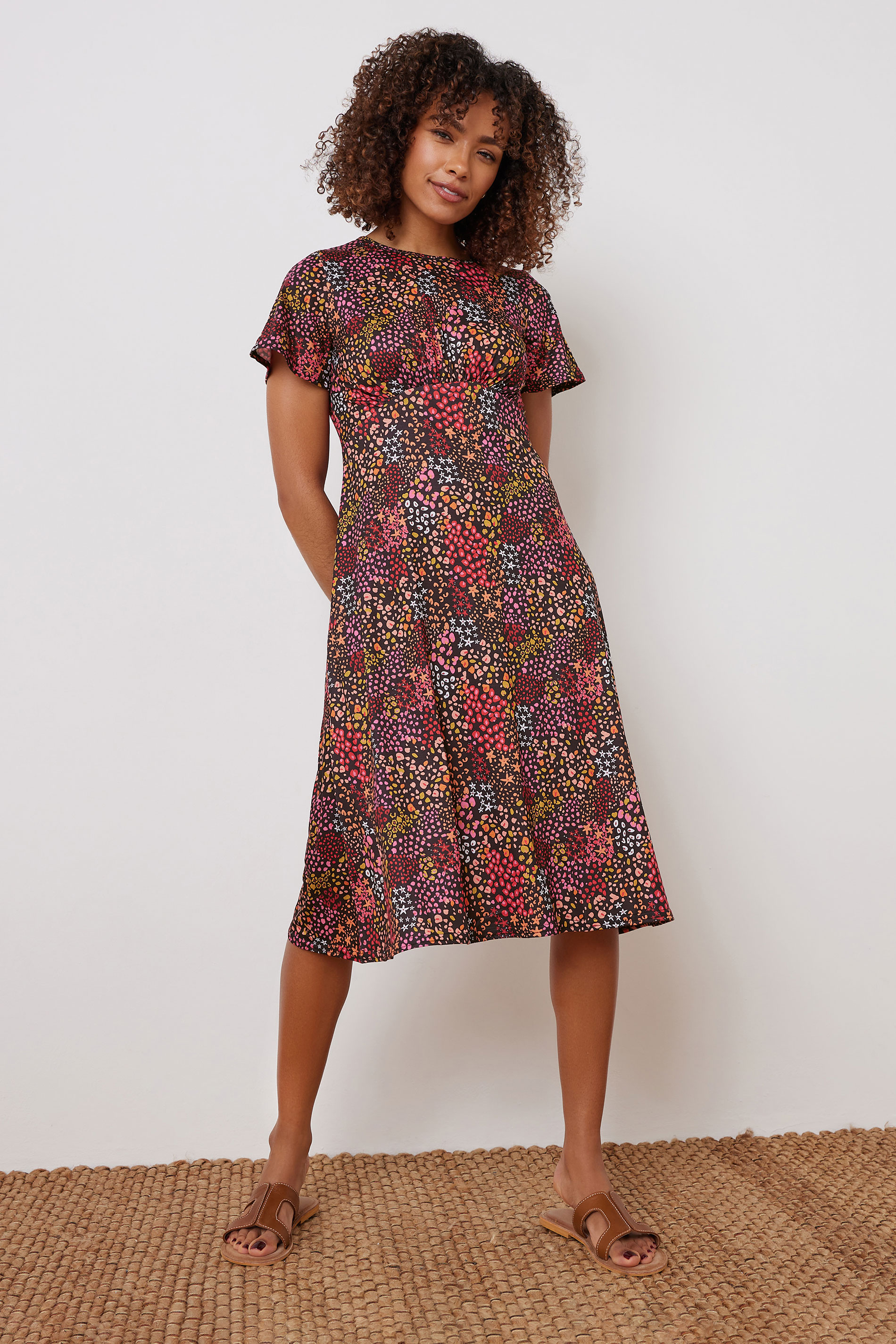 M&Co Orange Mixed Print Short Sleeve Midi Dress | M&Co 4