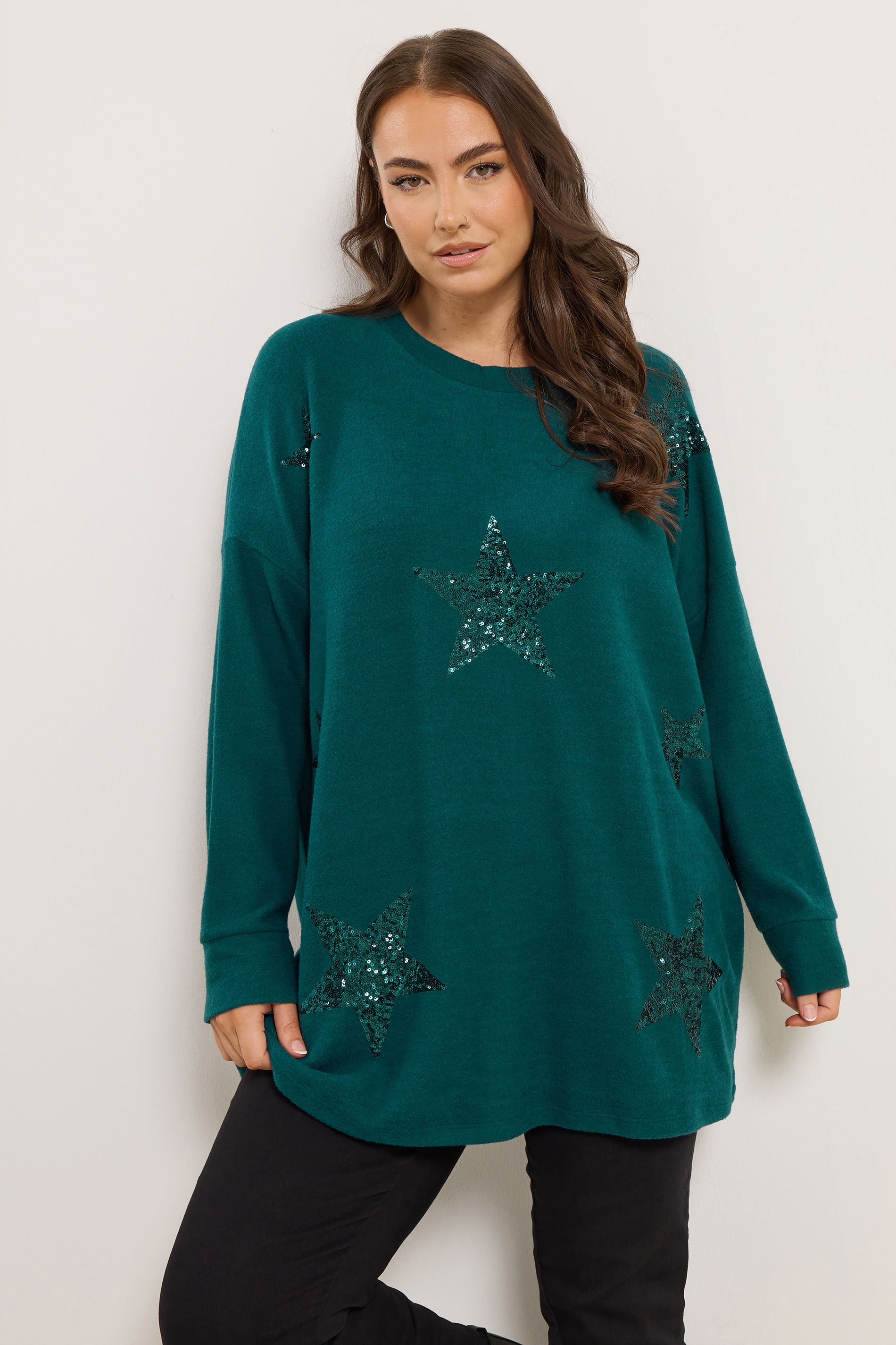 YOURS Plus Size Teal Green Sequin Embellished Star Jumper | Yours Clothing 3