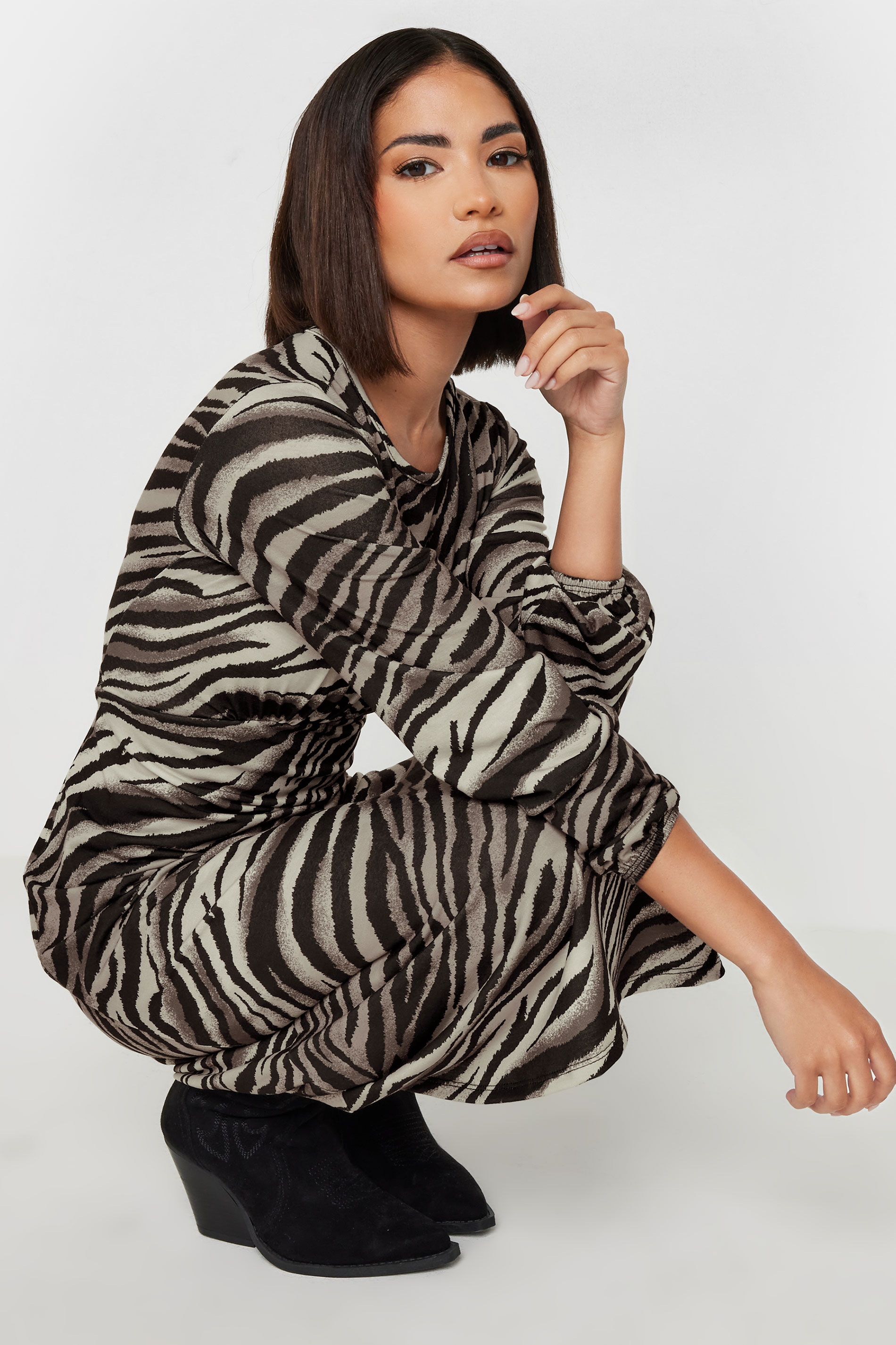 PixieGirl Petite Women's Brown Zebra Print Long Sleeve Midi Dress | PixieGirl 1