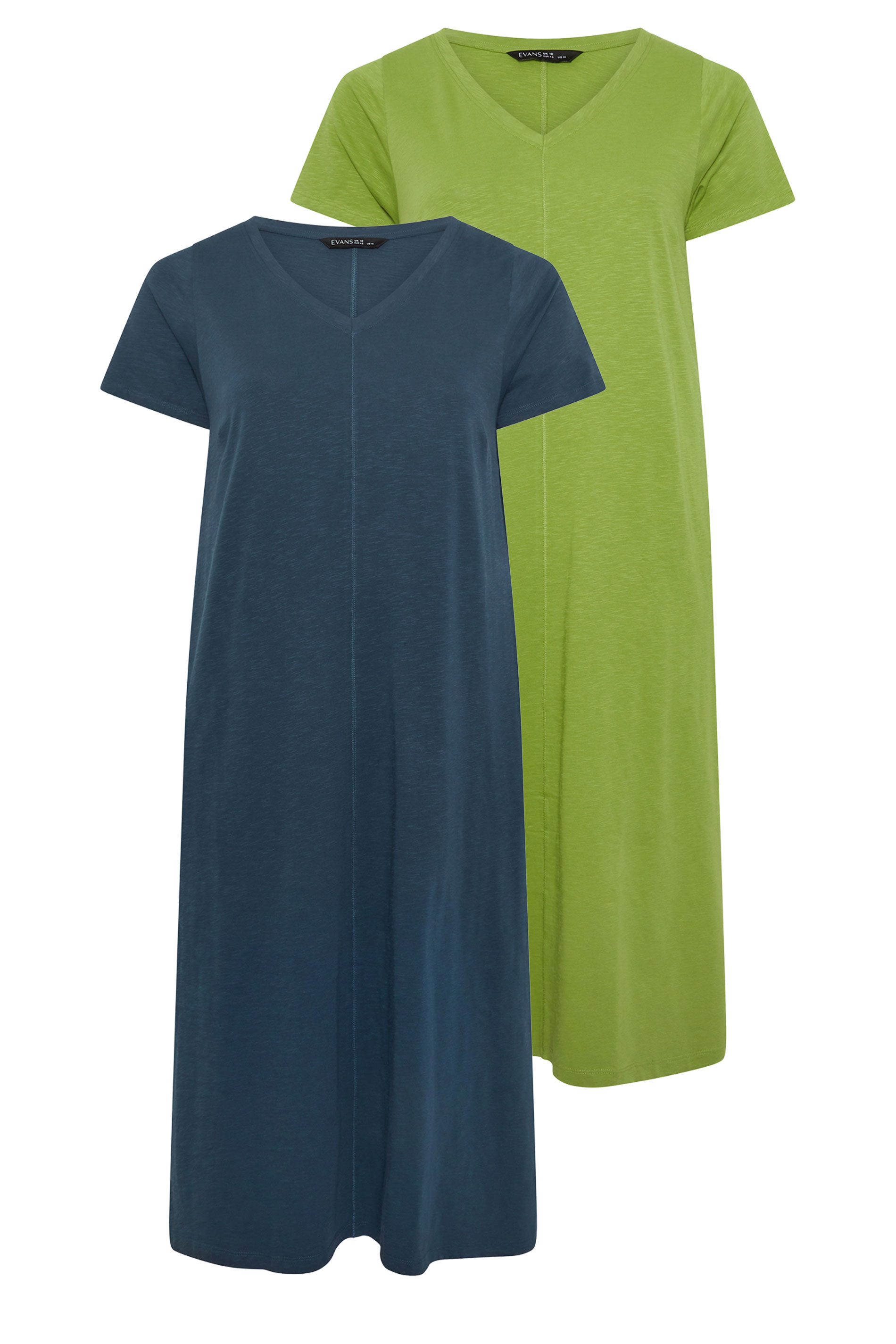 EVANS Plus Size 2 Pack Green & Navy Blue Cotton Dresses | Evans 3