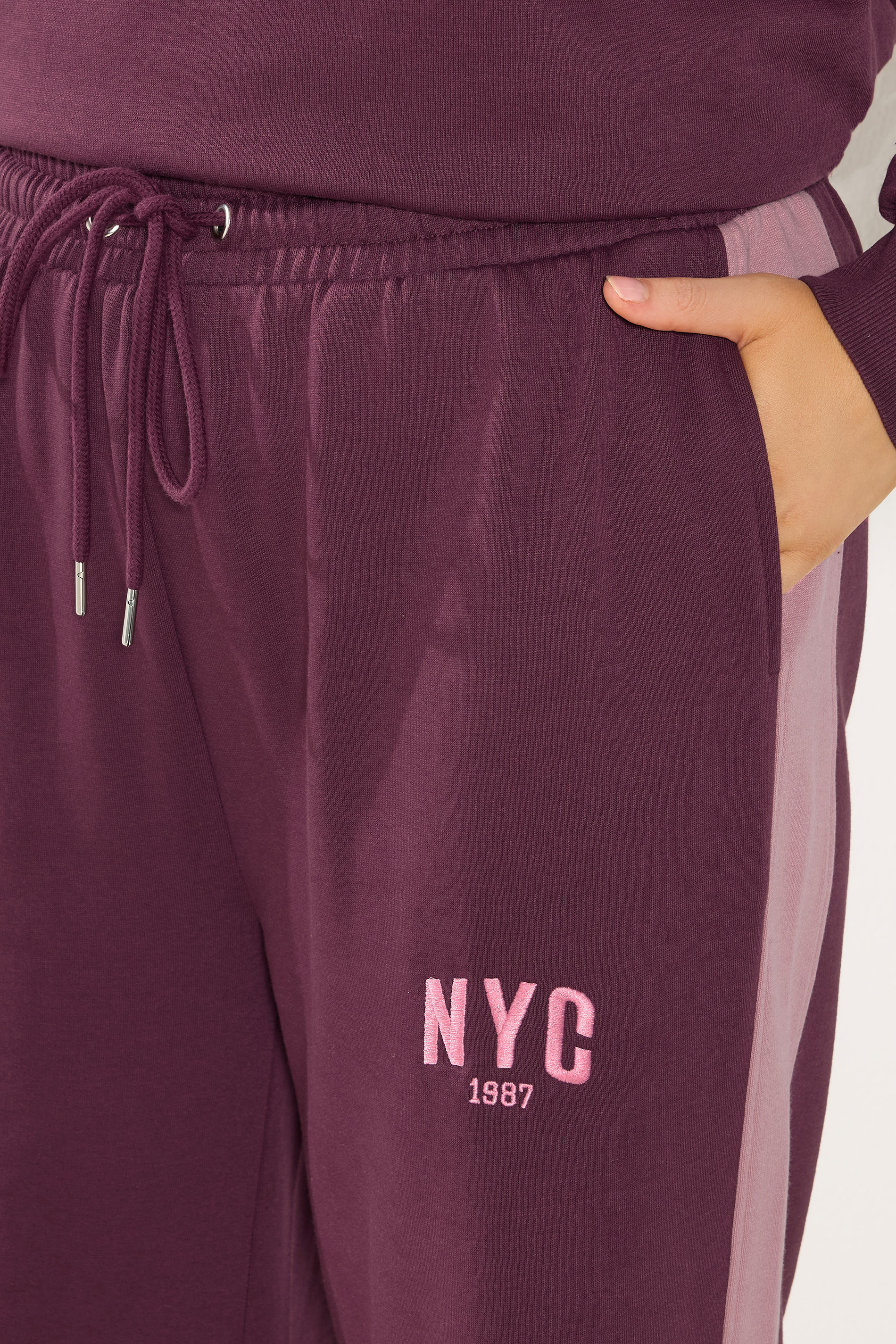 YOURS Plus Size Burgundy Red 'NYC' Side Stripe Wide Leg Joggers | Yours Clothing 4