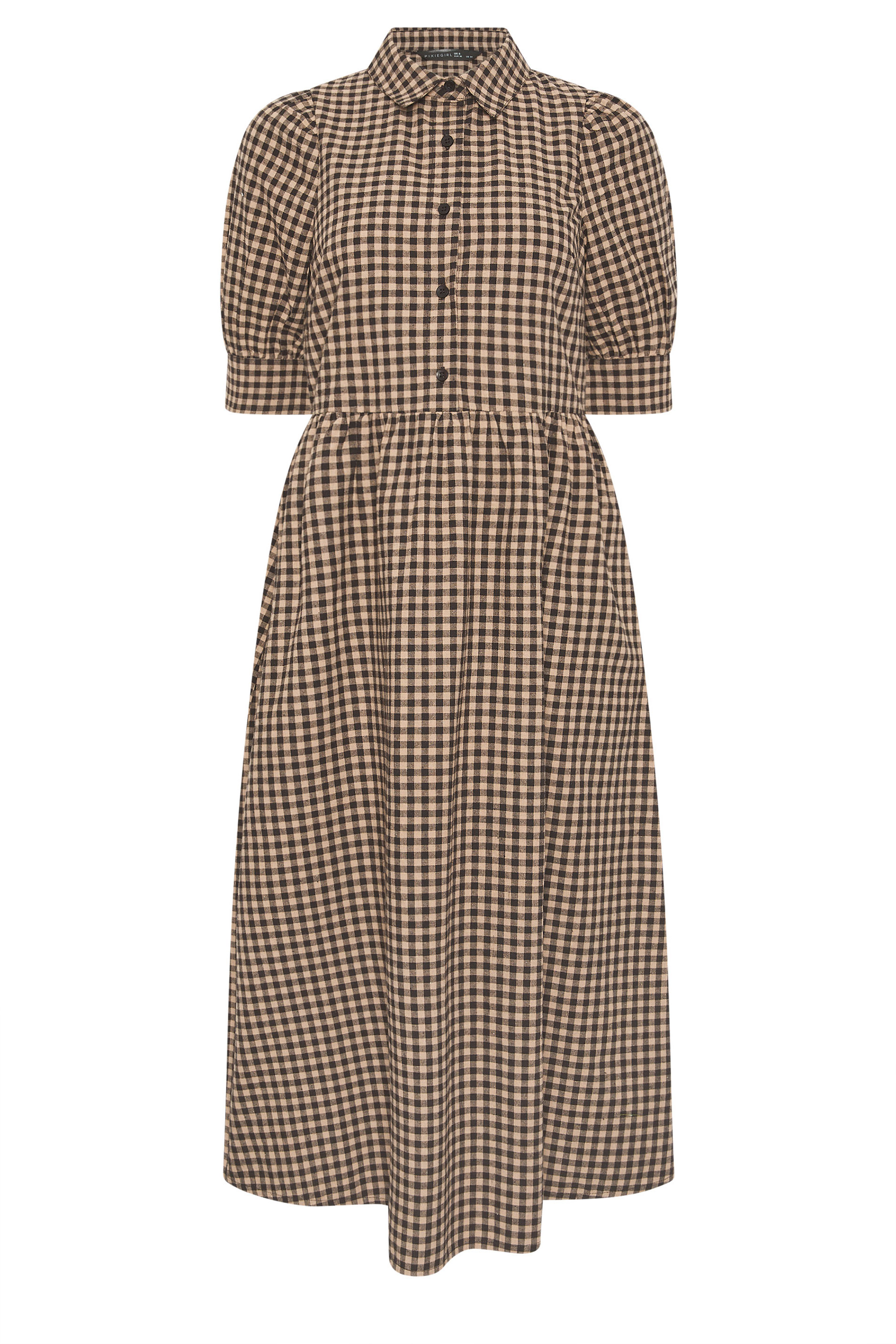 PixieGirl Petite Women's Brown Gingham Print Cotton Shirt Midi Dress | PixieGirl 5