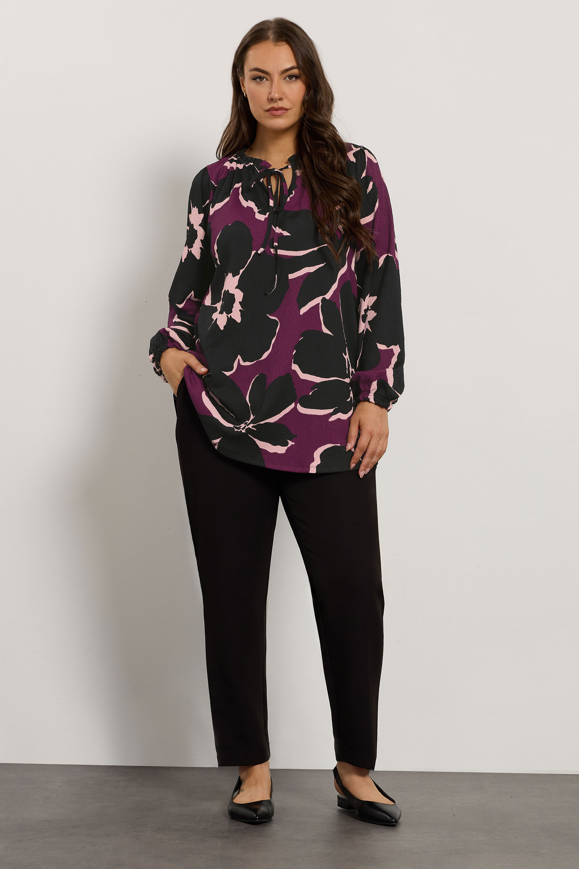 EVANS Plus Size Purple & Black Floral Tie Neck Blouse | Evans 1