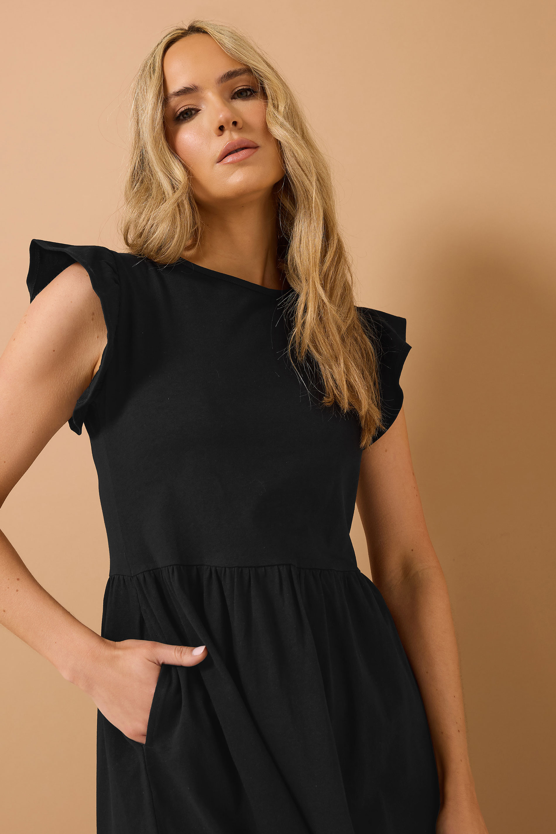 LTS Tall Black Frill Sleeve Cotton Maxi Dress | Long Tall Sally 5
