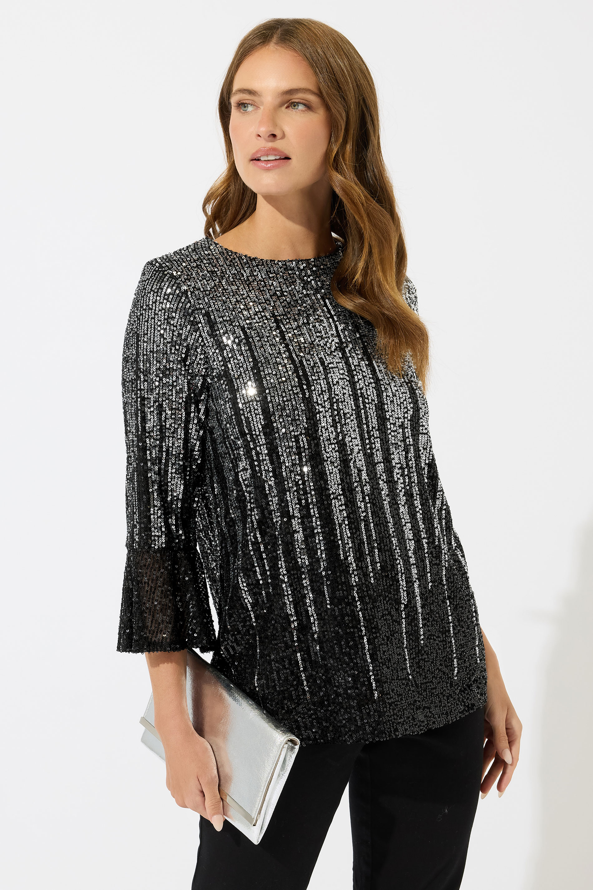 M&Co Silver Ombre Sequin Flute Sleeve Top | M&Co 1
