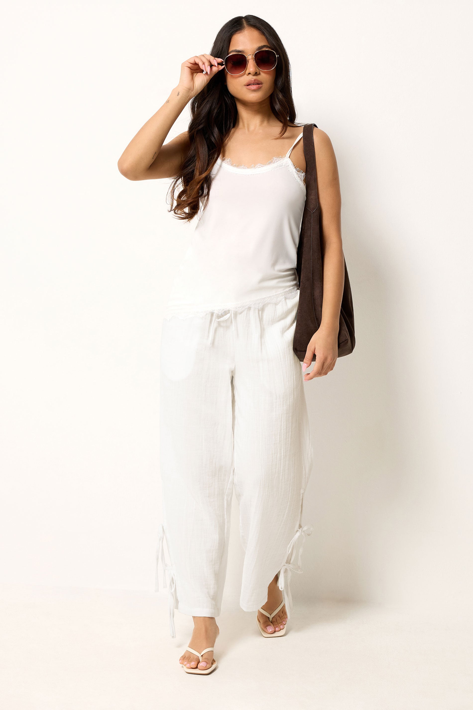 PixieGirl Petite Women's White Tie Detail Cotton Cheesecloth Wide Leg Trousers | PixieGirl 3