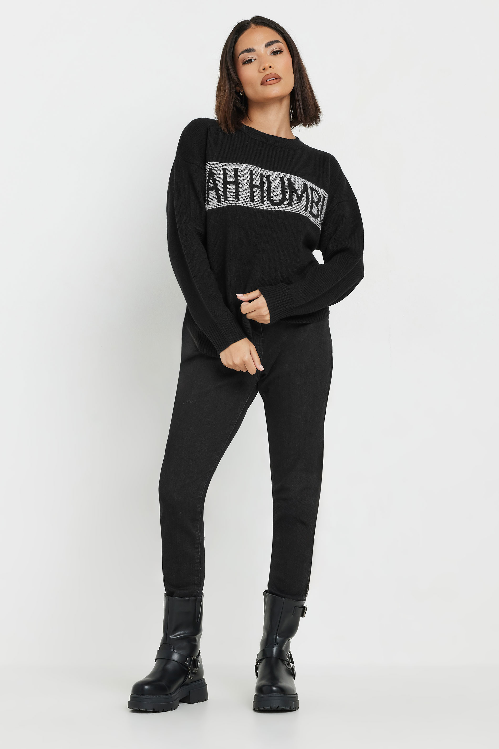 PixieGirl Petite Women's Black Knitted Christmas Slogan Jumper | PixieGirl 1
