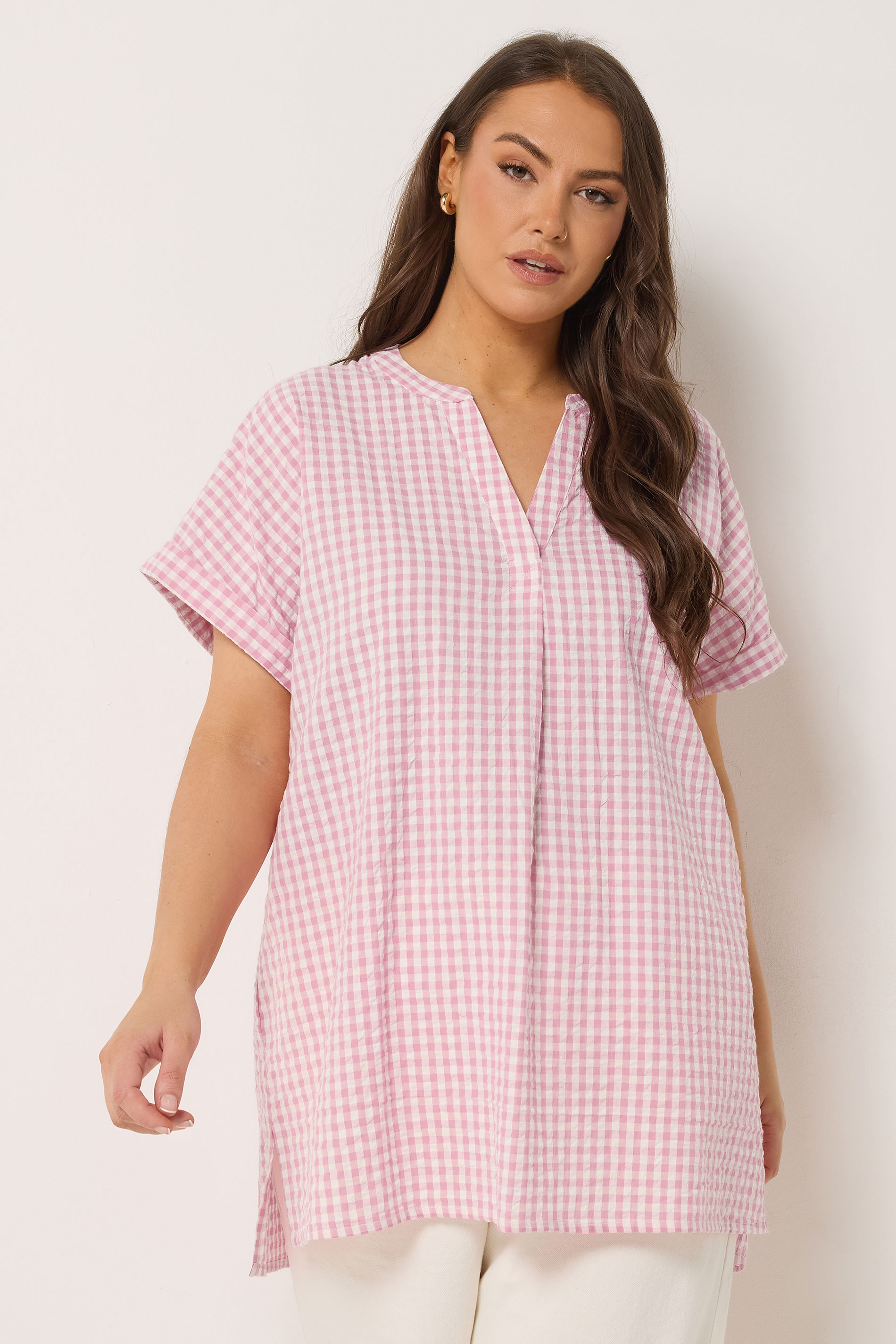 YOURS Plus Size Pink Check Overhead Half Placket Shirt | Yours Clothing 3