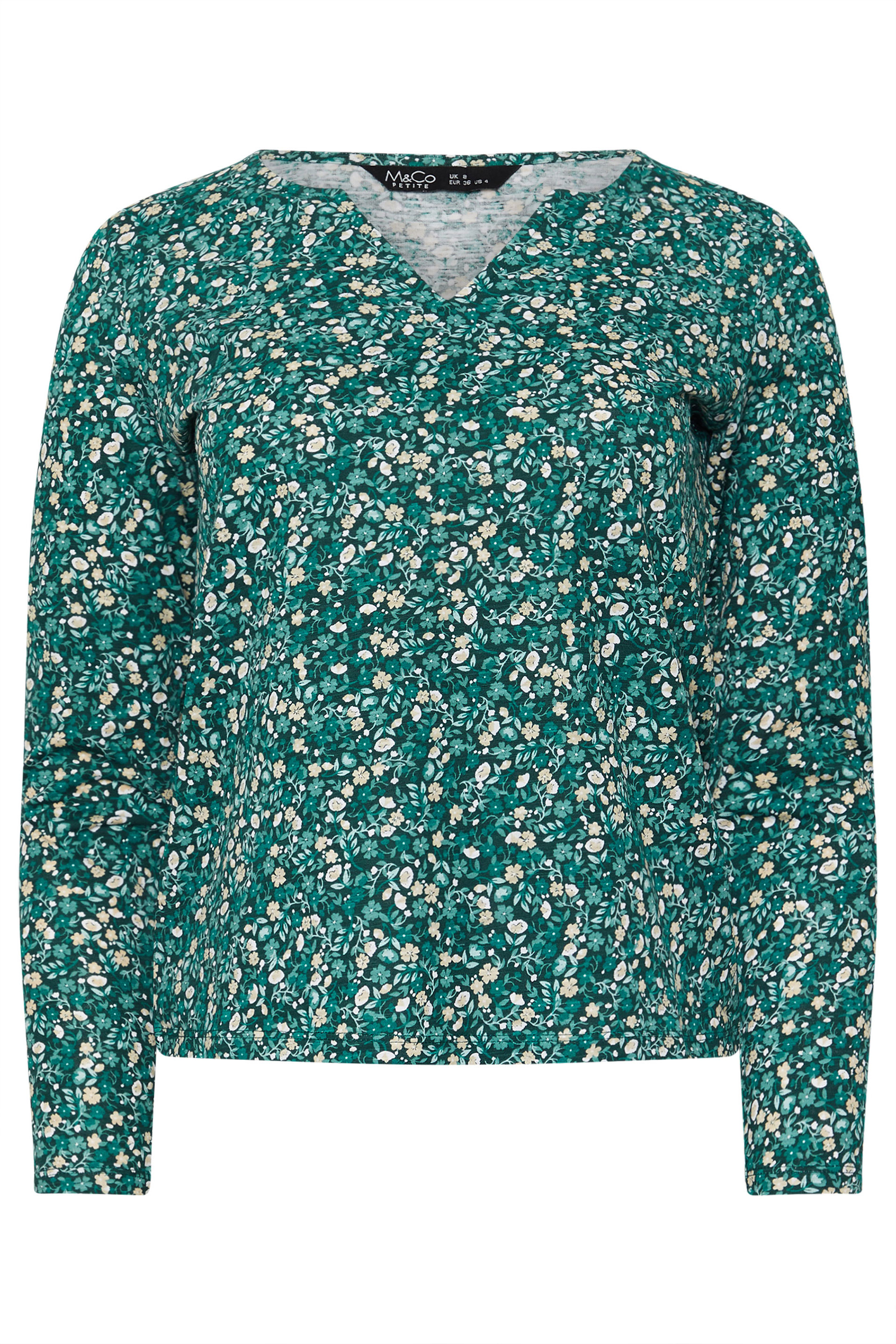 M&Co Petite Green Ditsy Floral Print Cotton Notch Neck T-Shirt | M&Co 5