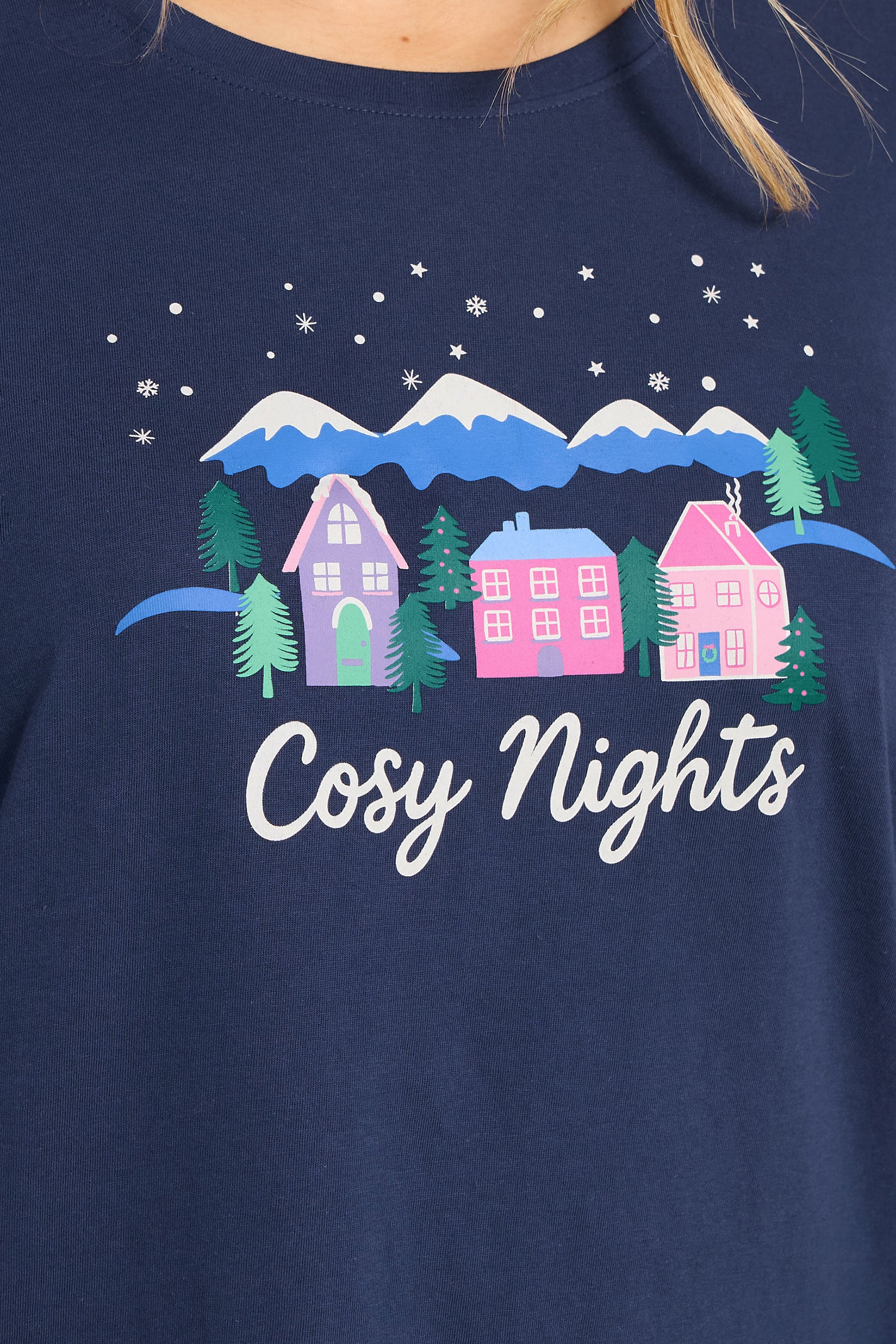 LTS Tall Navy Blue 'Cosy Nights' Slogan Wide Leg Cotton Pyjama Set | Long Tall Sally 4