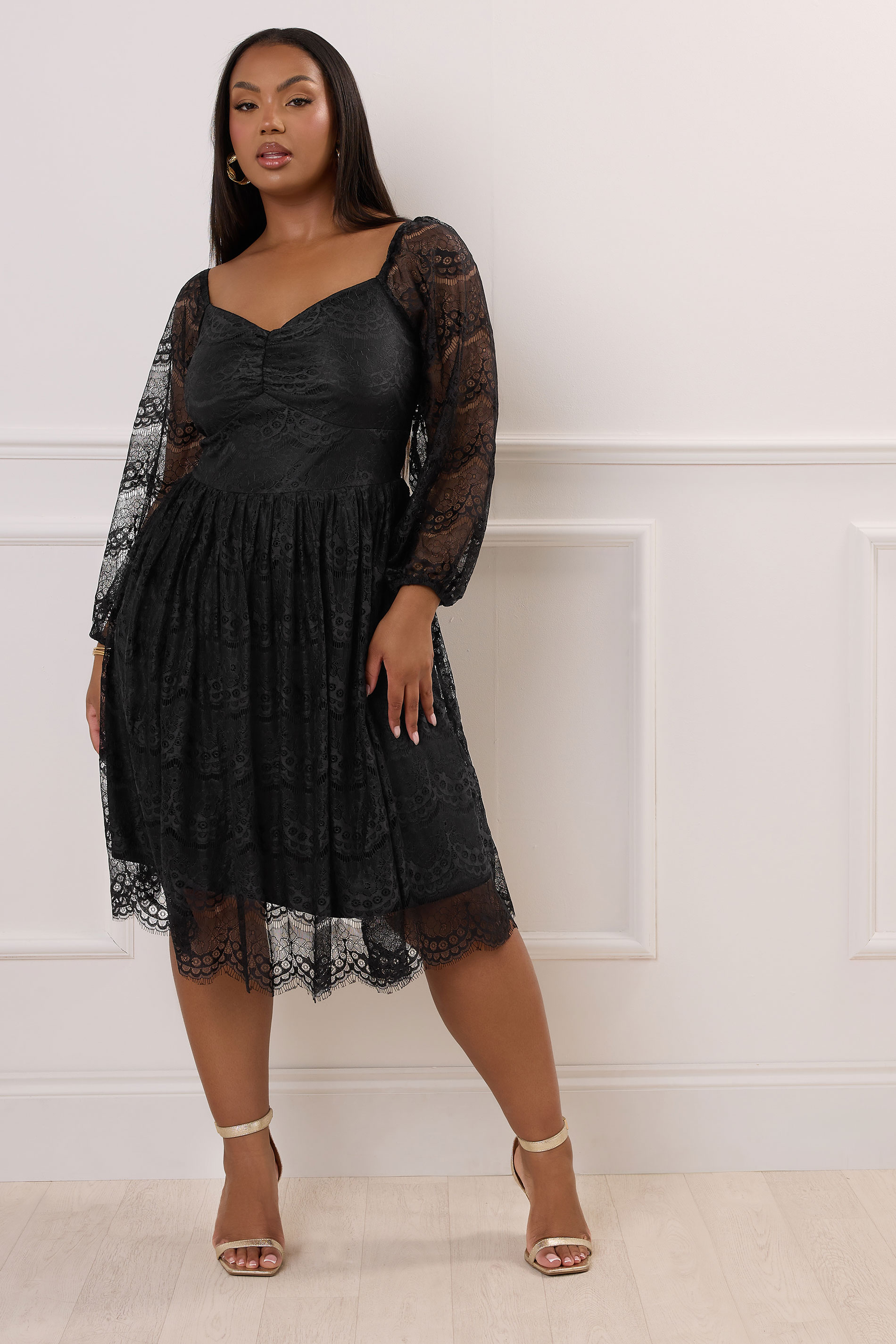 YOURS LONDON Plus Size Black Lace Sweetheart Skater Dress | Yours Clothing 1