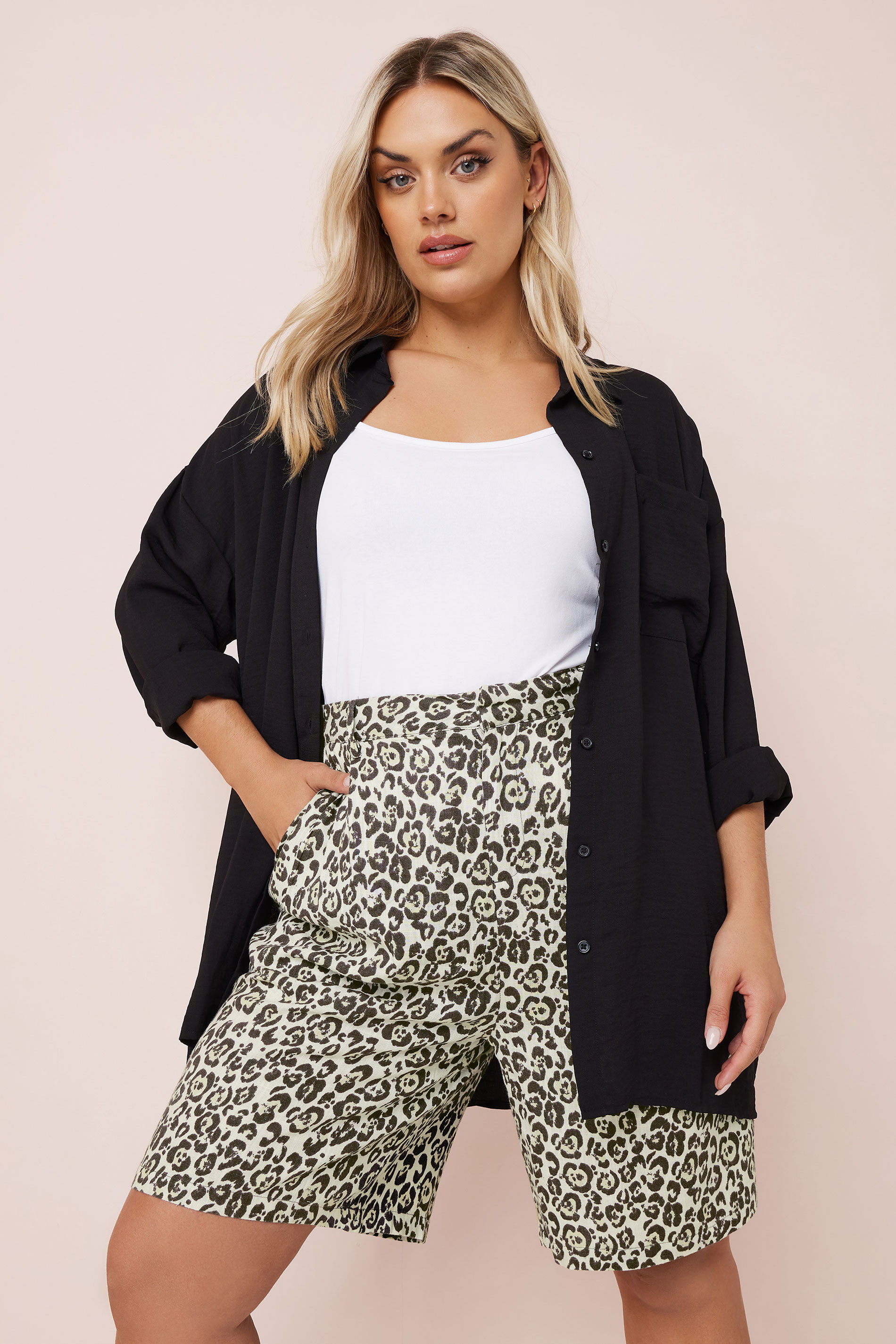 YOURS Plus Size Brown Leopard Print Linen Bermuda Shorts | Yours Clothing 1