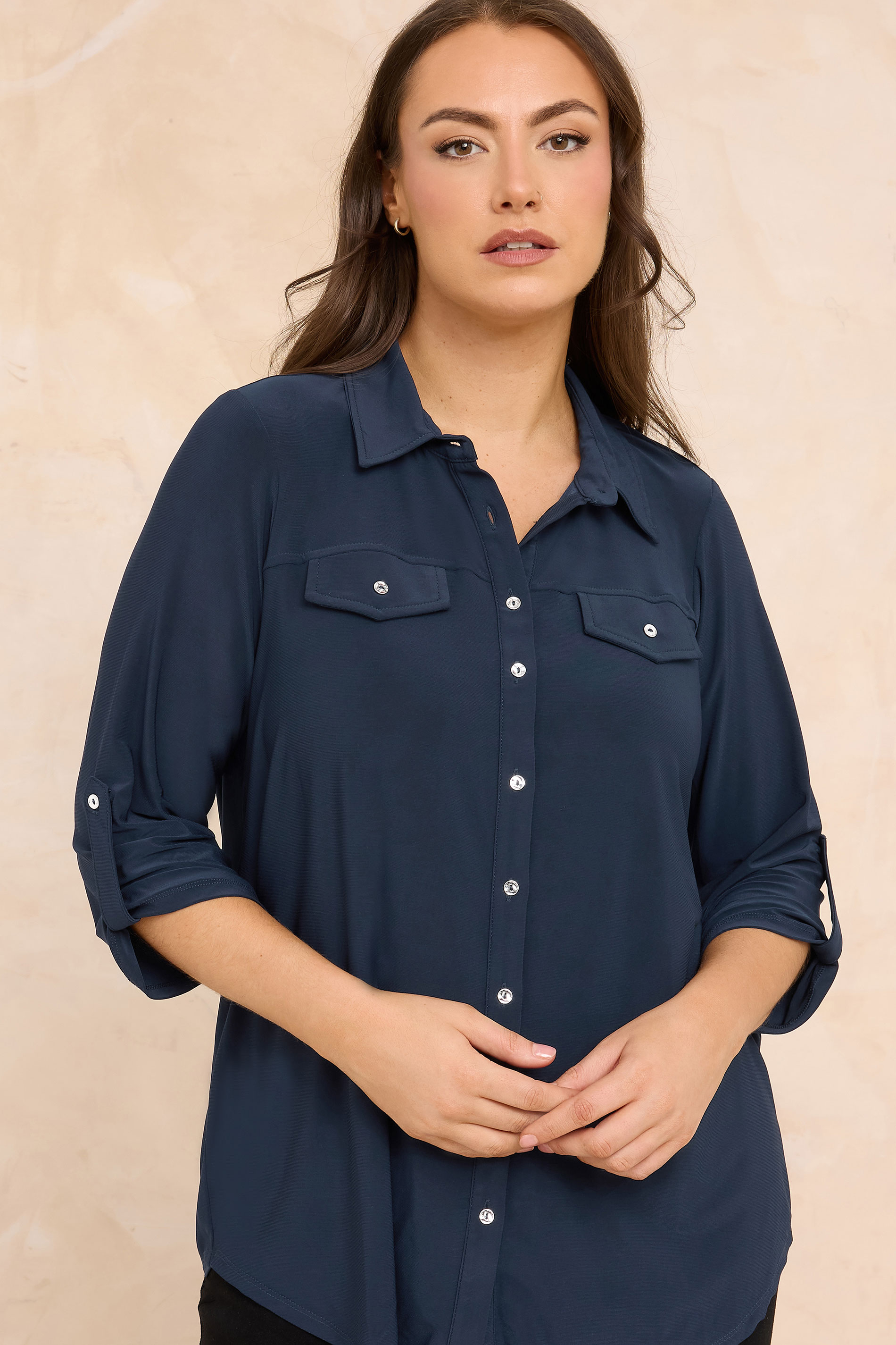 EVANS Plus Size Navy Blue Tab Sleeve Blouse | Evans  3