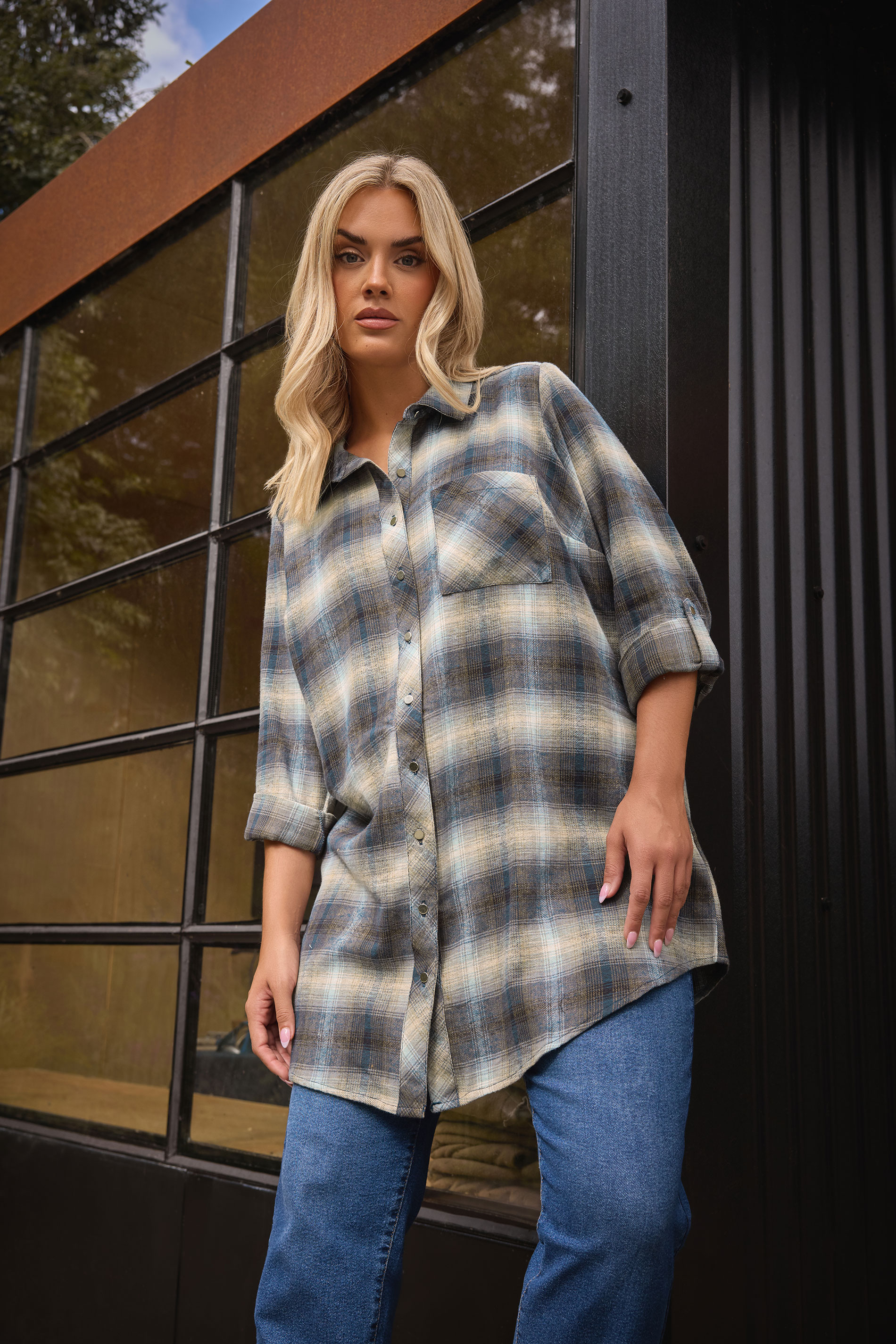 YOURS Plus Size Blue Check Boyfriend Shirt | Yours Clothing 1