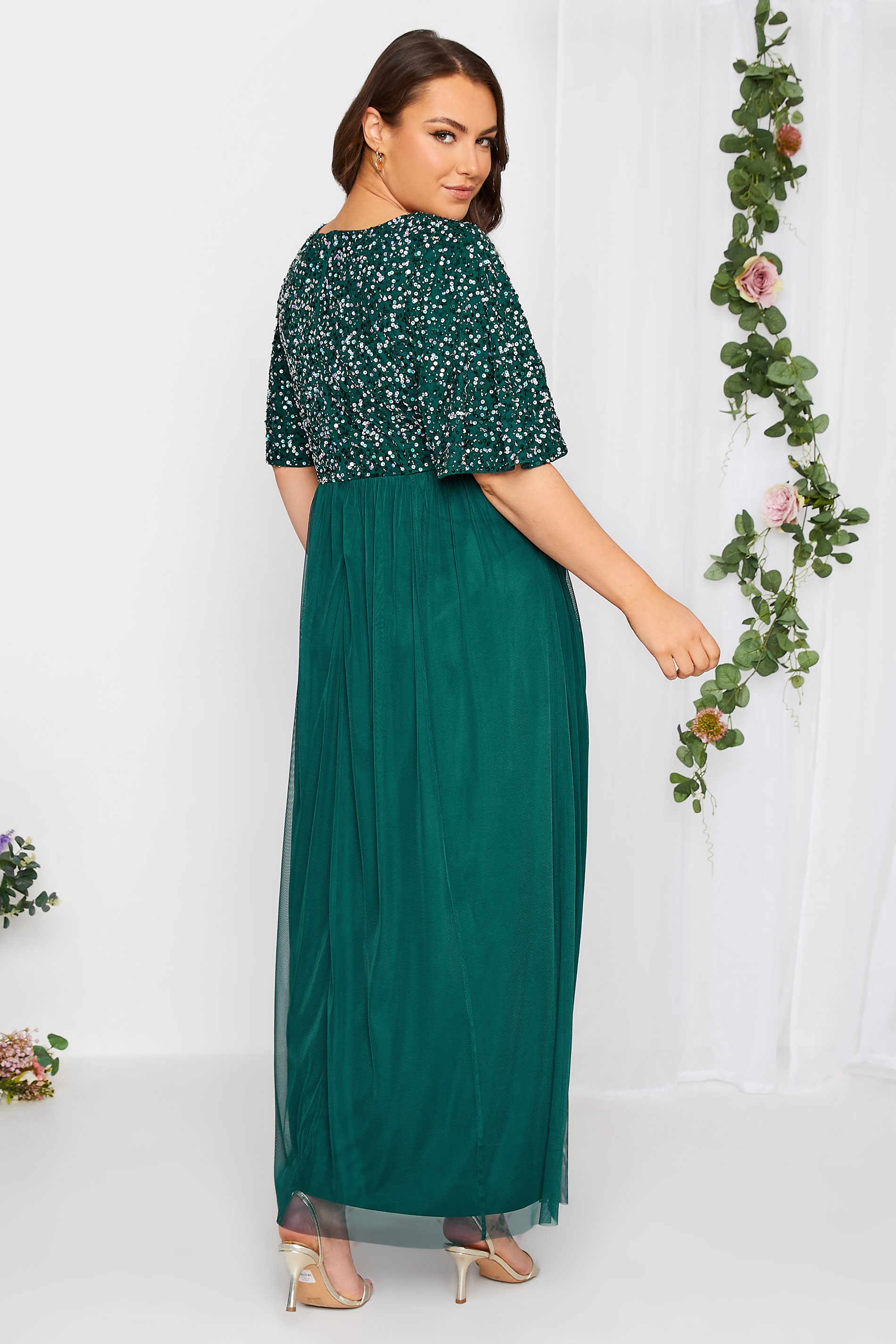 LUXE Plus Size Forest Green Sequin Hand Embellished Maxi Dress | Yours Clothing 3
