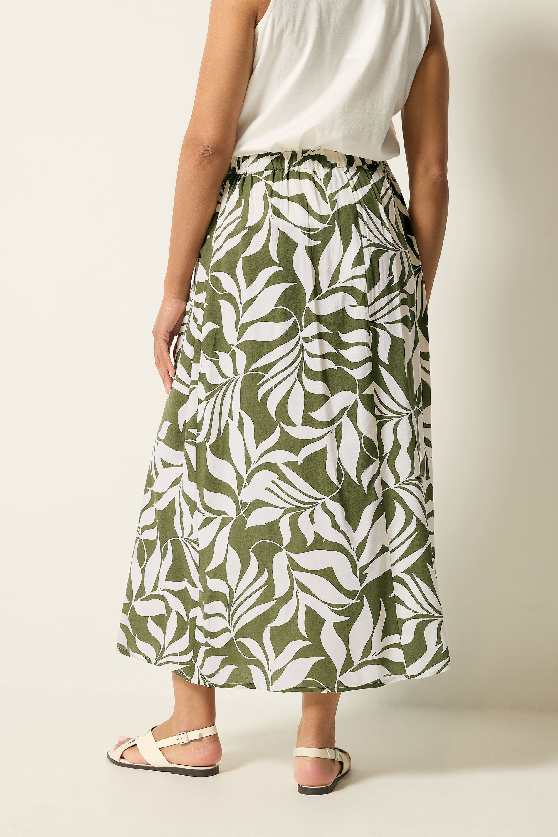 M&Co Khaki Green Leaf Print Midi Skirt | M&Co 2