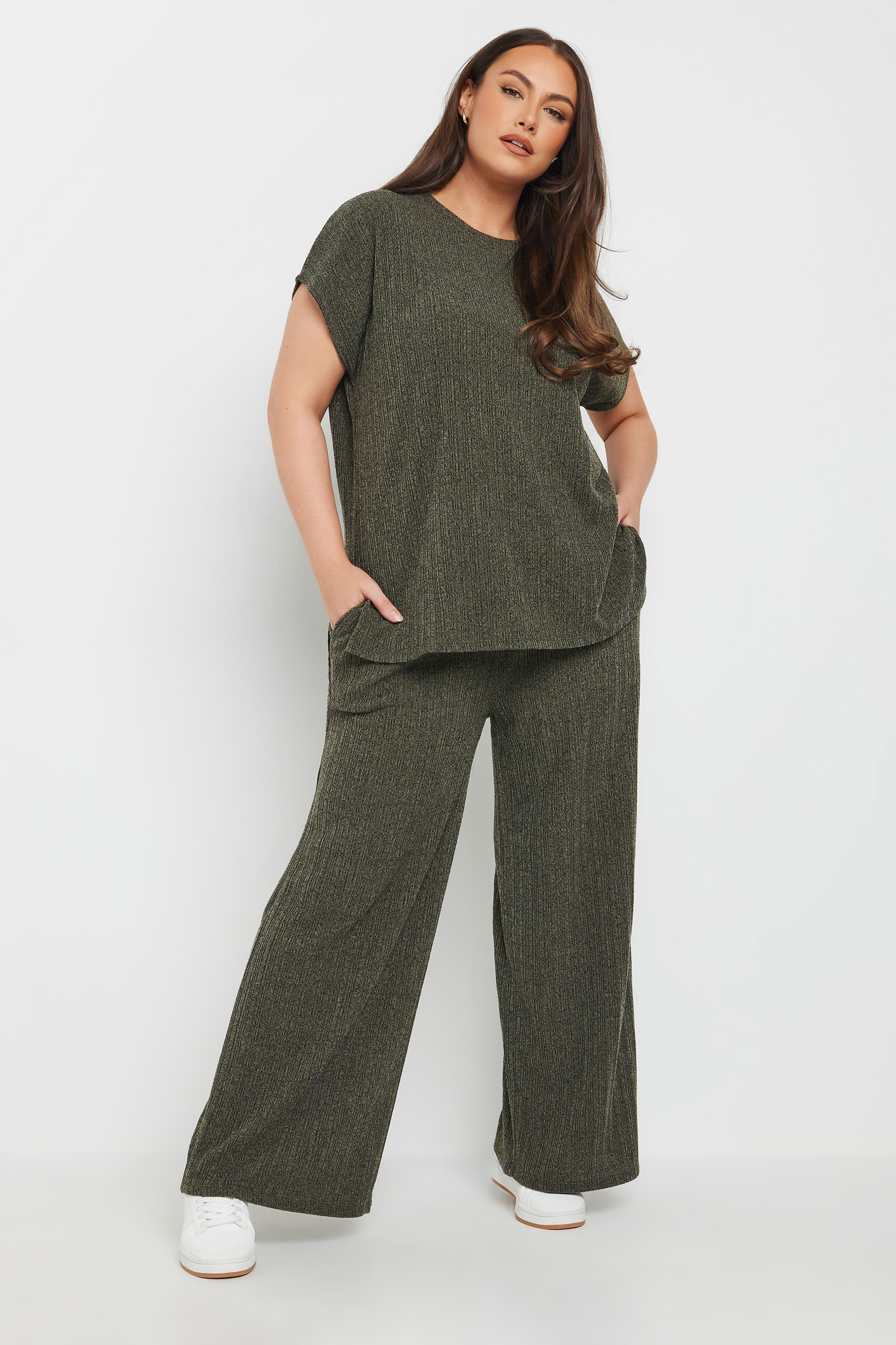 YOURS Plus Size Khaki Green Knitted Wide Leg Trousers | Yours Clothing 1