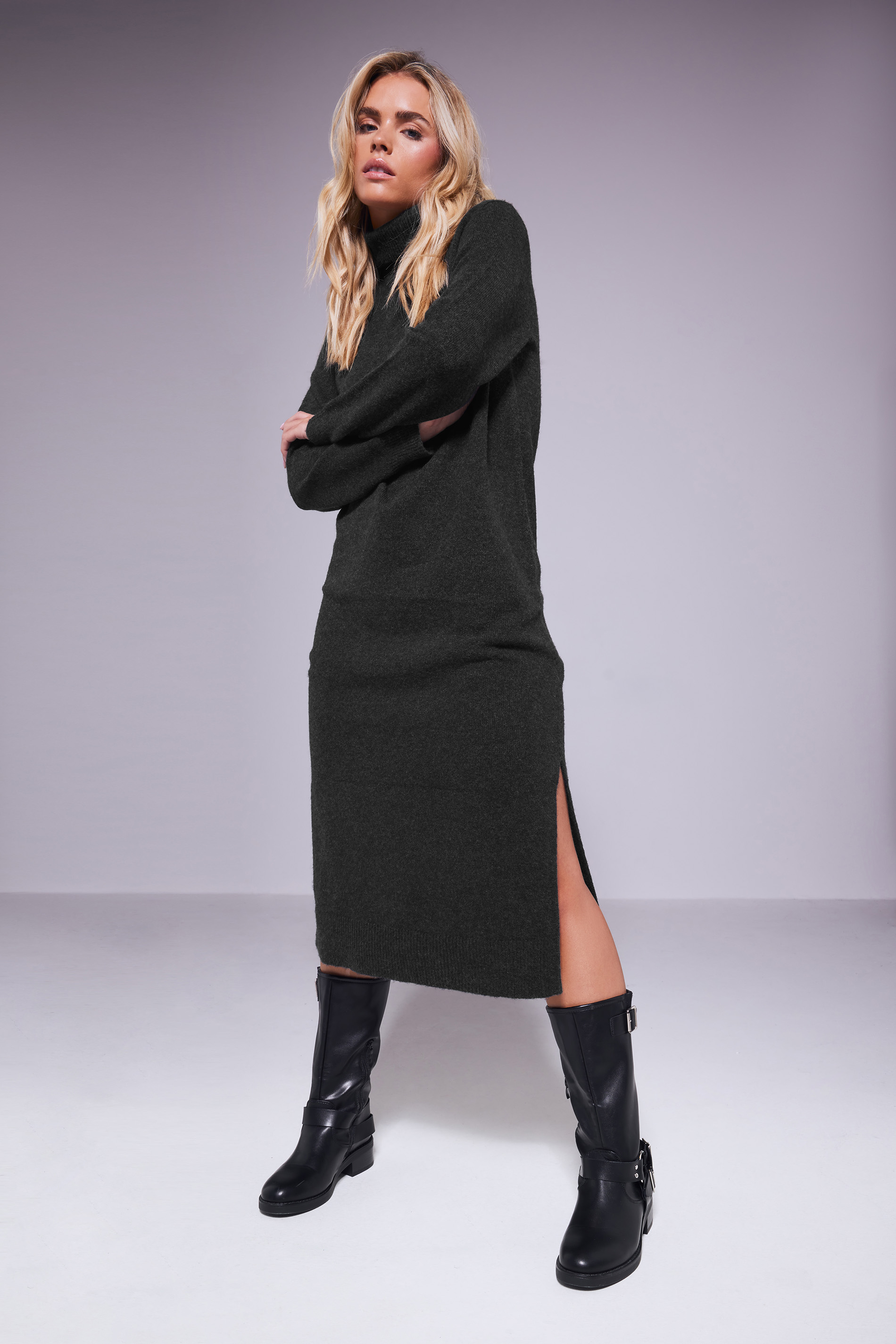 PixieGirl Petite Women's Black Knitted Roll Neck Jumper Dress | PixieGirl 3