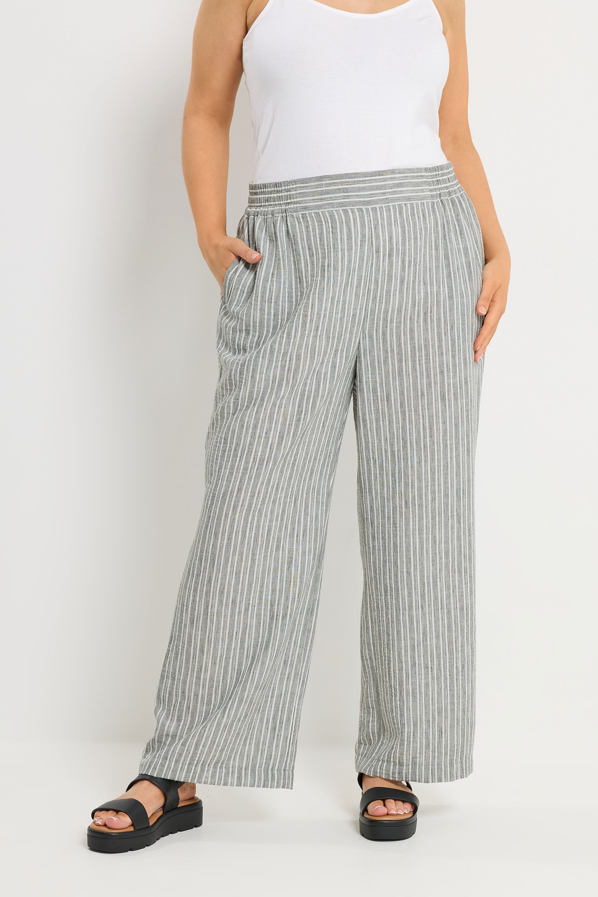 YOURS Plus Size Grey Stripe Linen Look Trousers | Yours Clothing 3
