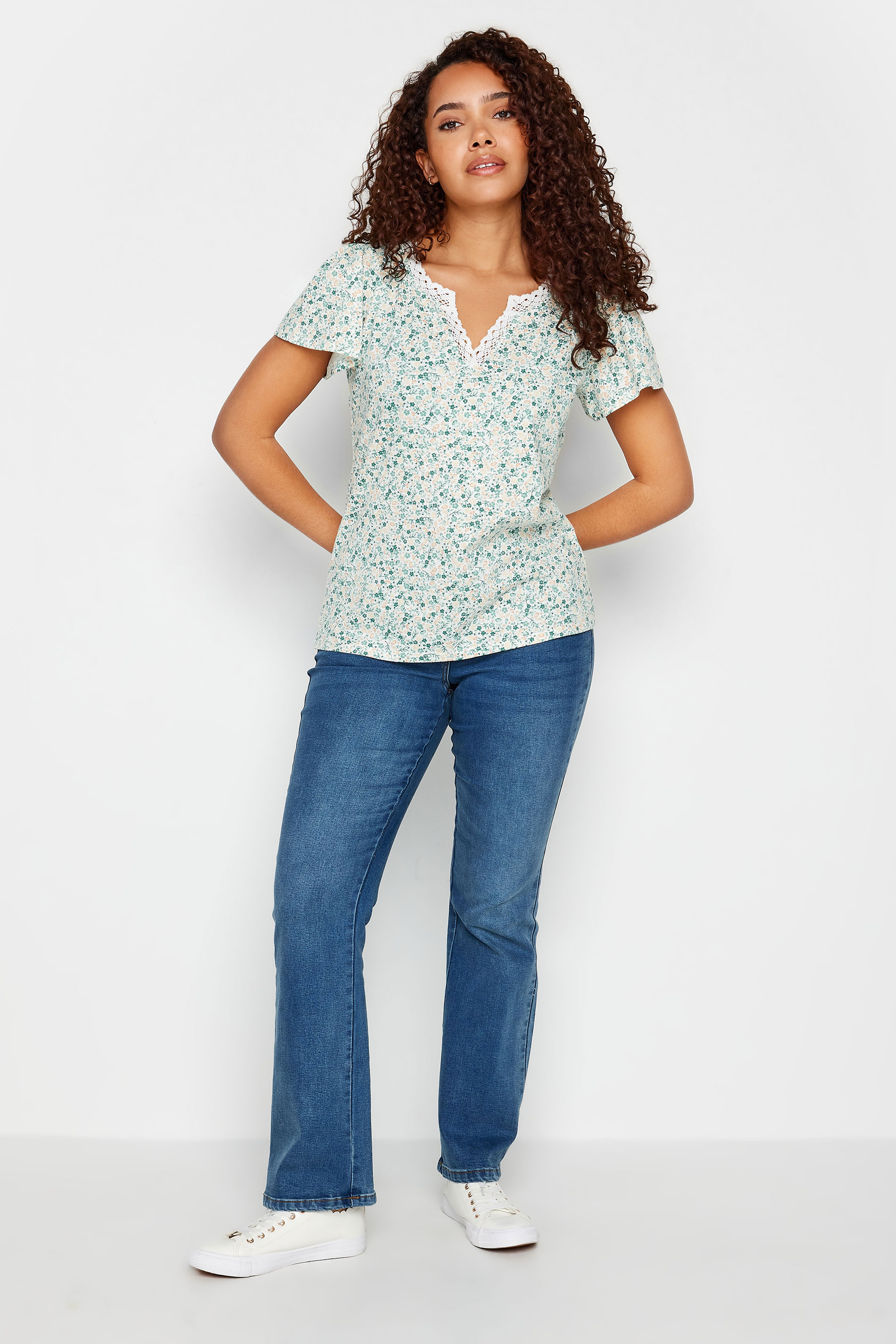 M&Co Green Floral Print Lace Trim T-Shirt | M&Co 2