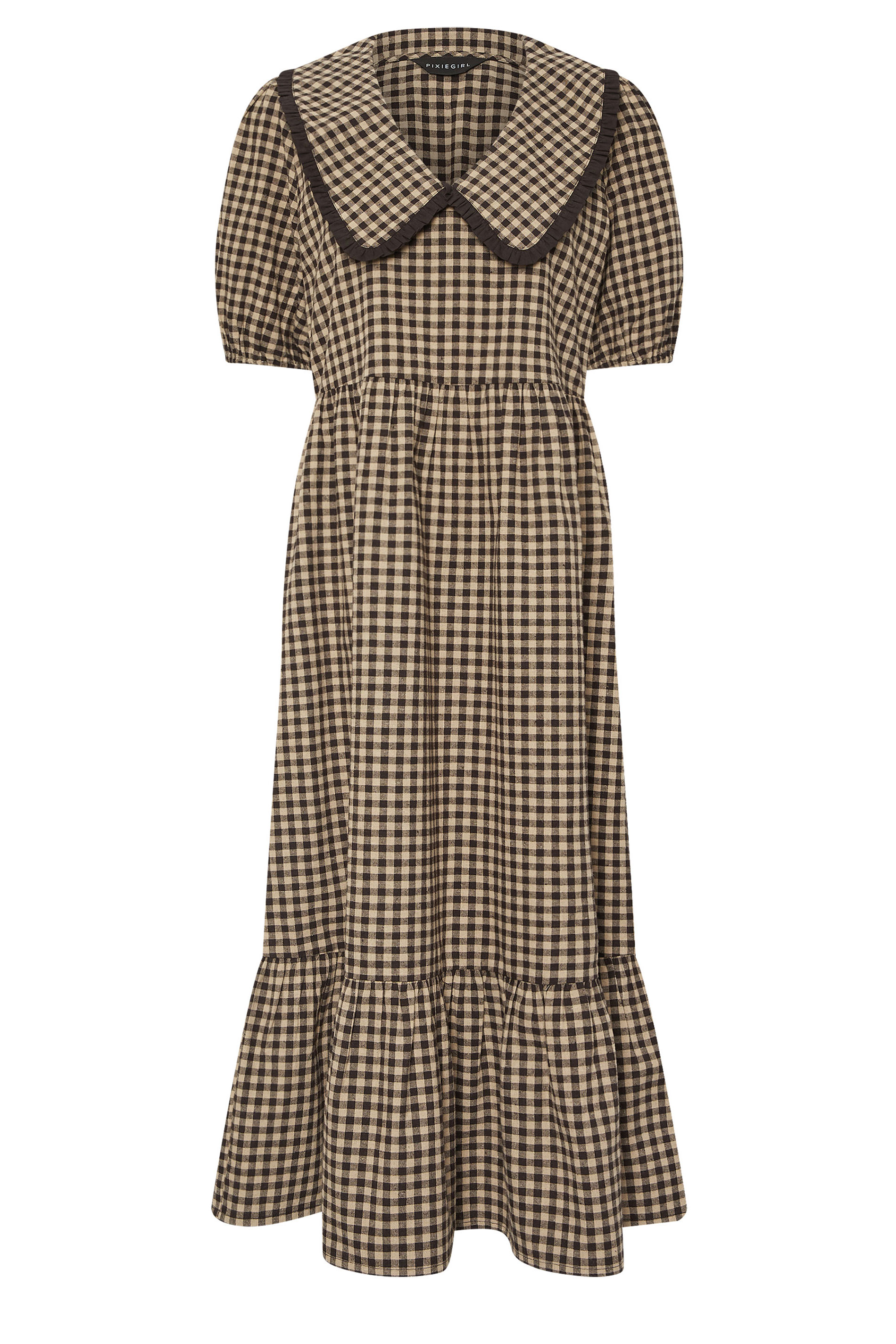 PixieGirl Petite Women's Brown Gingham Big Collar Cotton Maxi Dress | PixieGirl 6