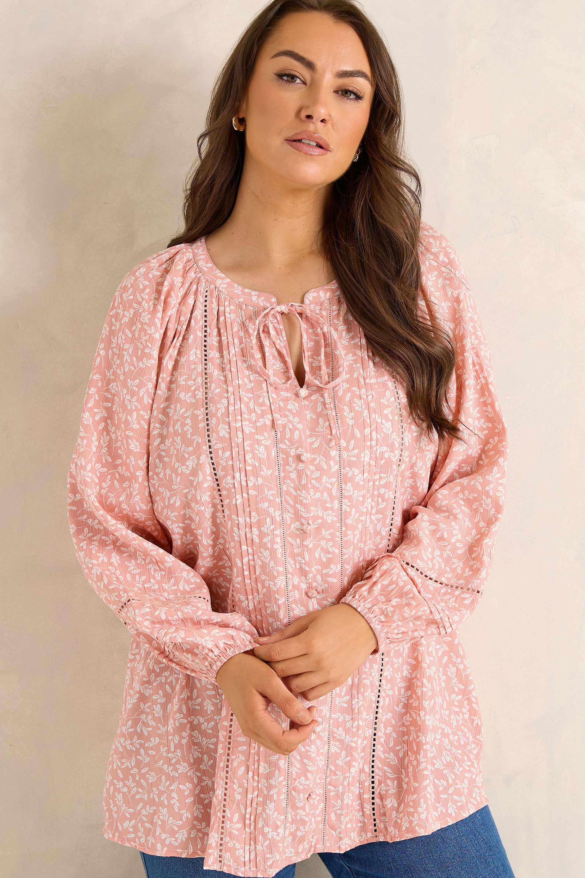 EVANS Plus Size Pink Ditsy Tie Neck Blouse | Evans 3