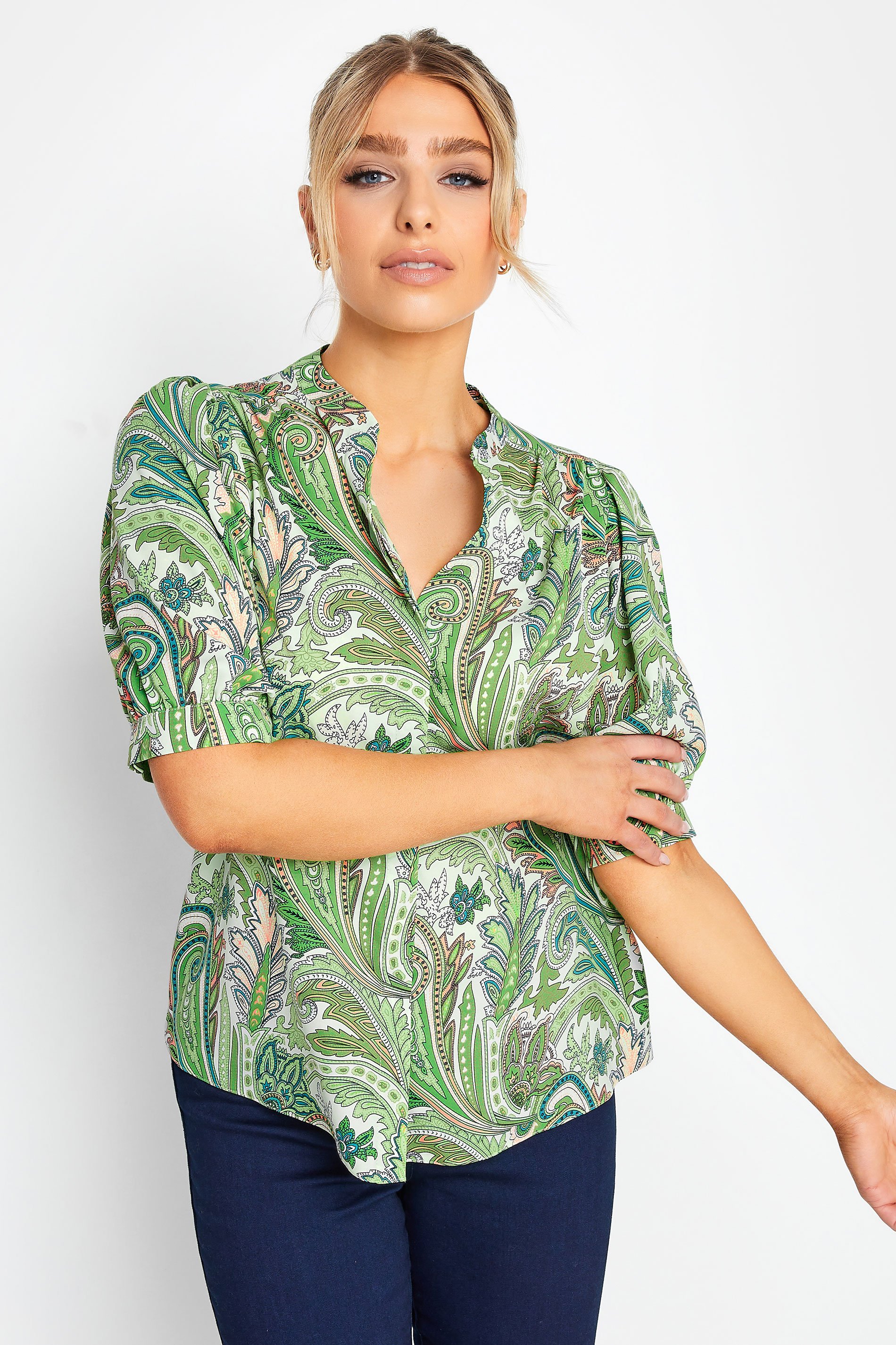 M&Co Green Paisley Print Puff Sleeve Shirt | M&Co 1