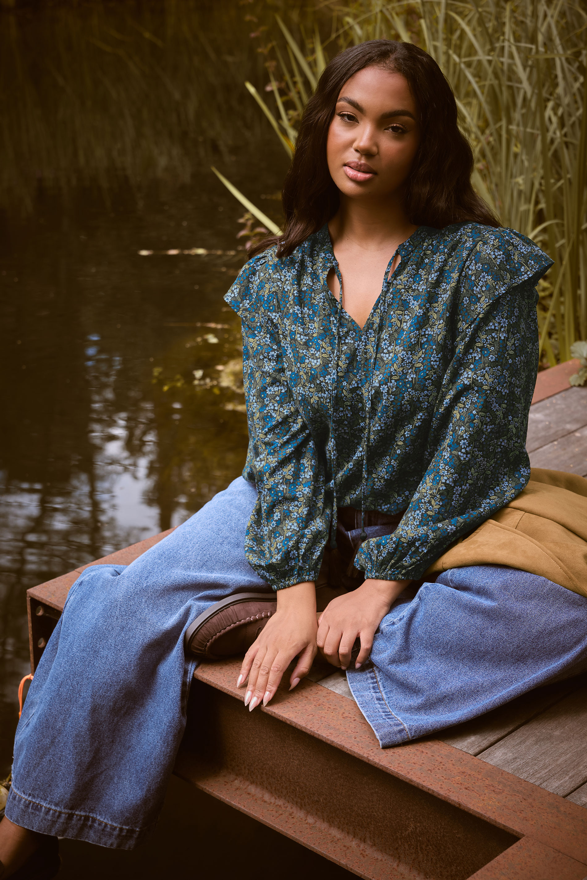 YOURS Plus Size Blue Ditsy Floral Print Frill Top | Yours Clothing 5