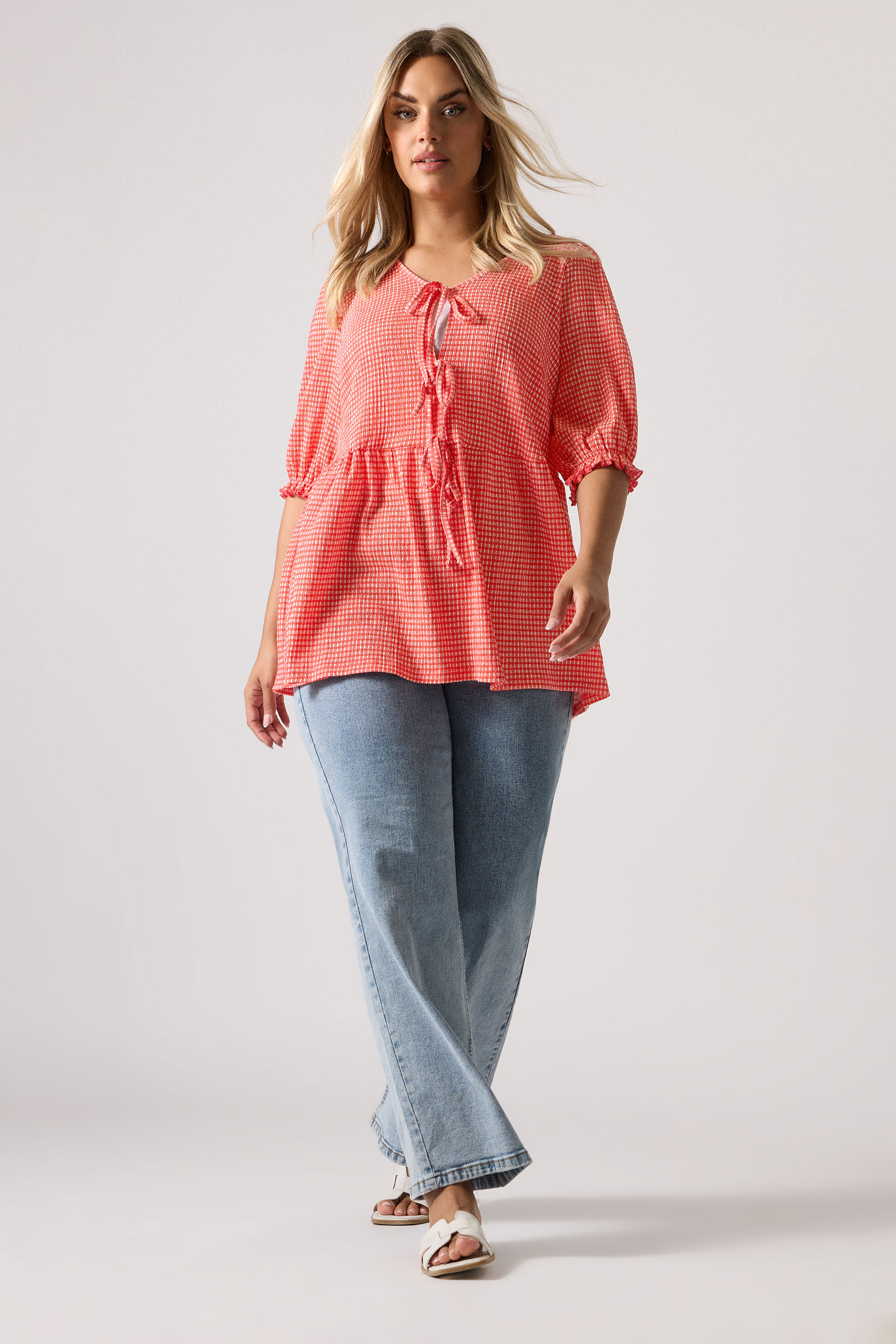 YOURS Plus Size Red Gingham Bow Tie Front Peplum Top | Yours Clothing 1