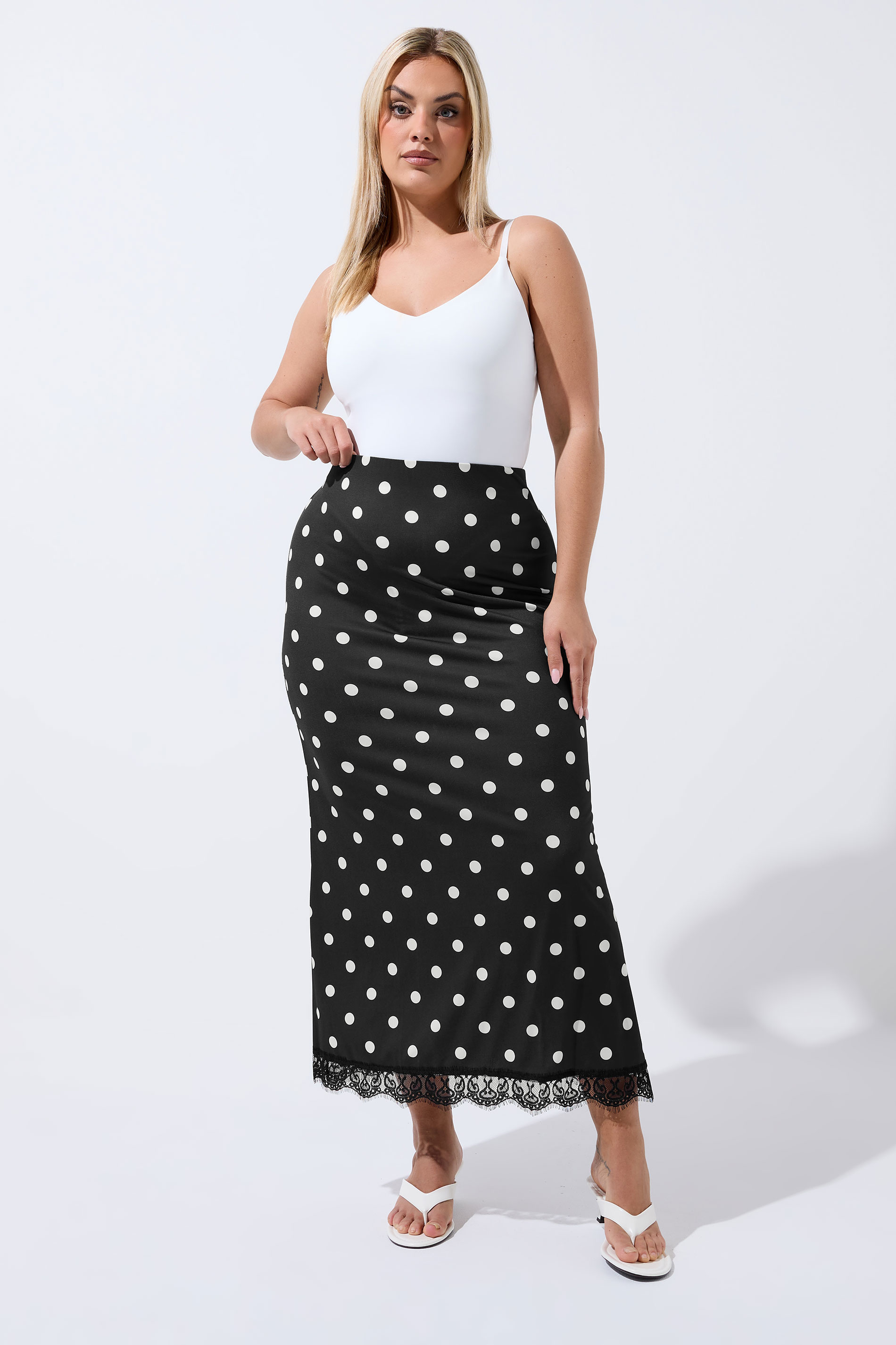 LIMITED COLLECTION Plus Size Black Polka Dot Lace Hem Skirt | Yours Clothing 3