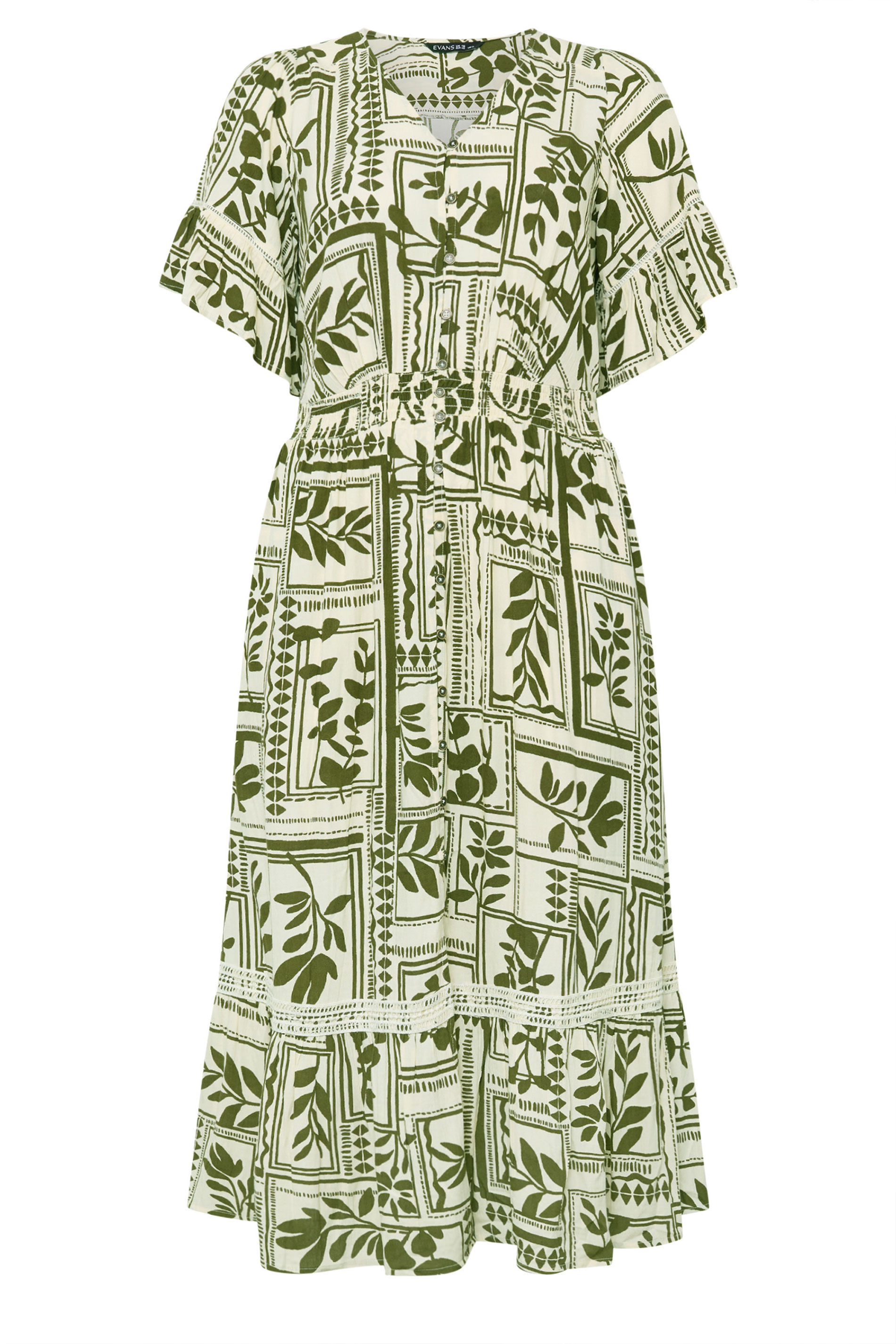EVANS Plus Size Green Leaf Print Button Through Maxi Dress | Evans 5