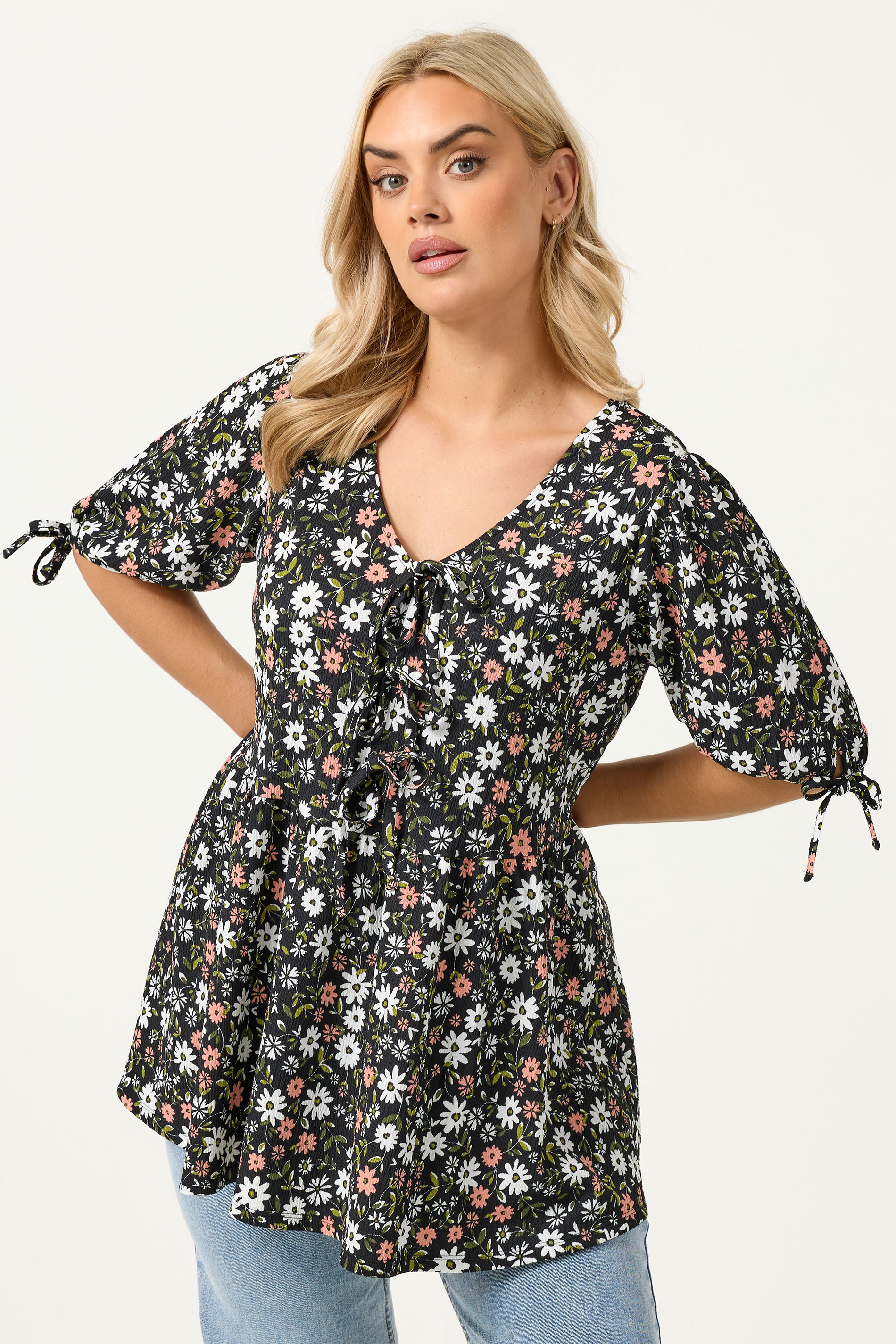 YOURS Plus Size Black Floral Bow Front Peplum Top | Yours Clothing 3