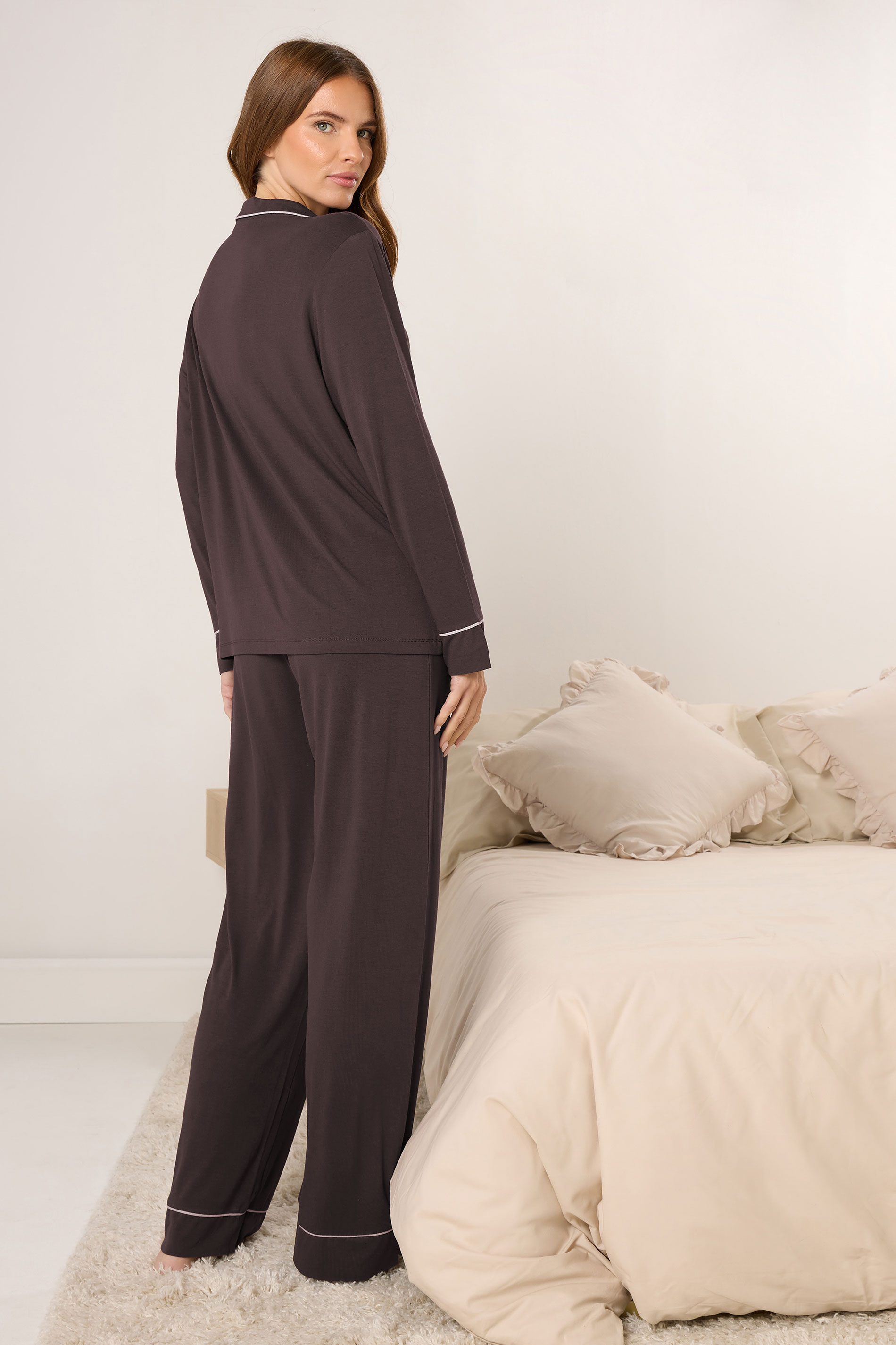 M&Co Brown Piped Long Sleeve Jersey Pyjama Set | M&Co 4