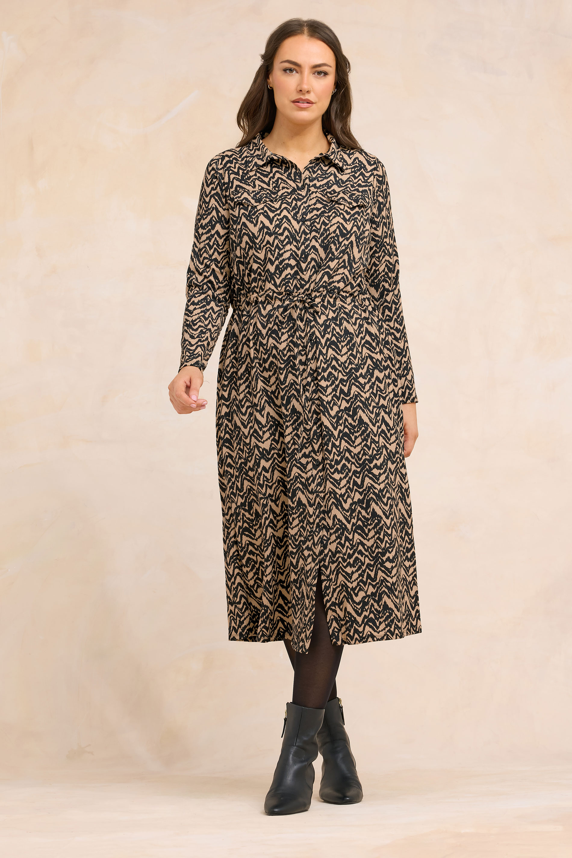 EVANS Plus Size Natural Brown Abstract Print Crepe Midi Shirt Dress | Evans 1