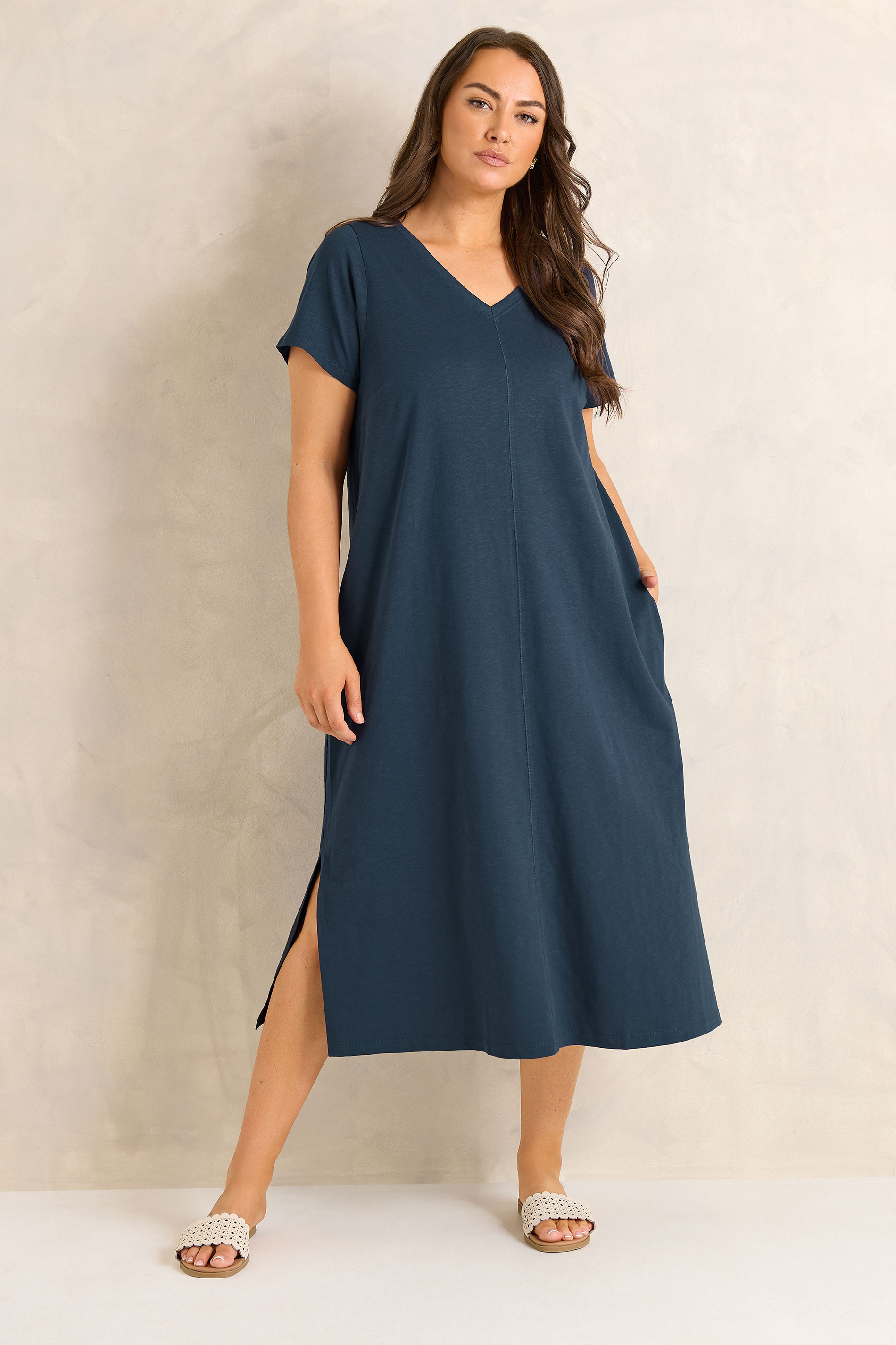 EVANS Plus Size 2 Pack Green & Navy Blue Cotton Dresses | Evans 2