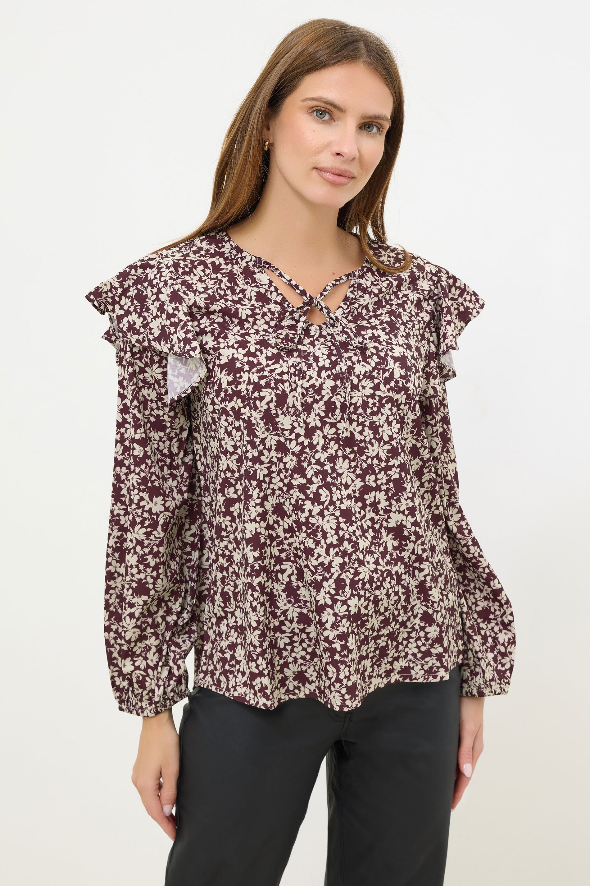 M&Co Berry Purple Floral Print Tie Neck Blouse | M&Co 2