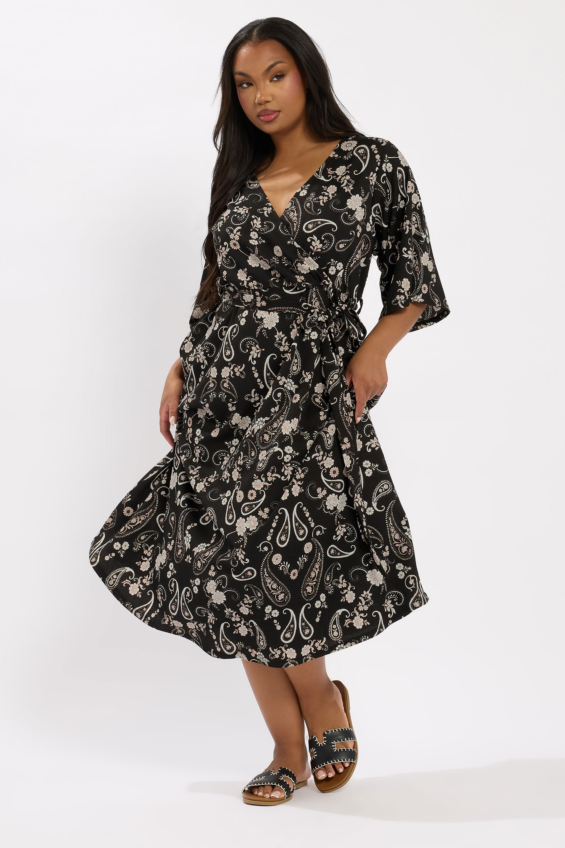 YOURS Plus Size Black Paisley Kimono Sleeve Maxi Wrap Dress | Yours Clothing 1