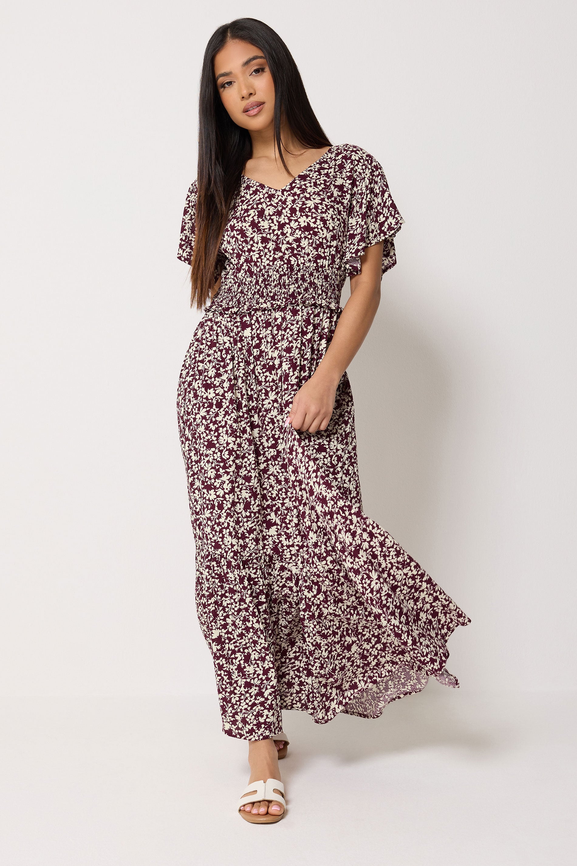 M&Co Petite Berry Purple Floral Shirred Waist Maxi Dress | M&Co 2